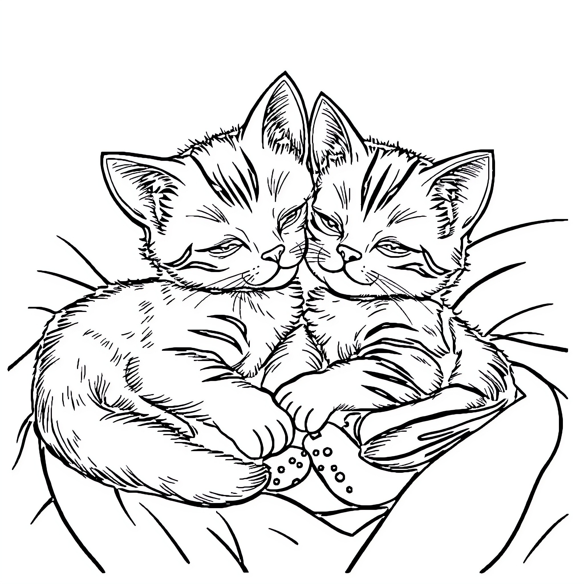 Cats cuddling cozily in a basket Coloring Page (free black-and-white line drawing printable PDF for all, from beginners to advanced learners, including children, teens, adults, and seniors)