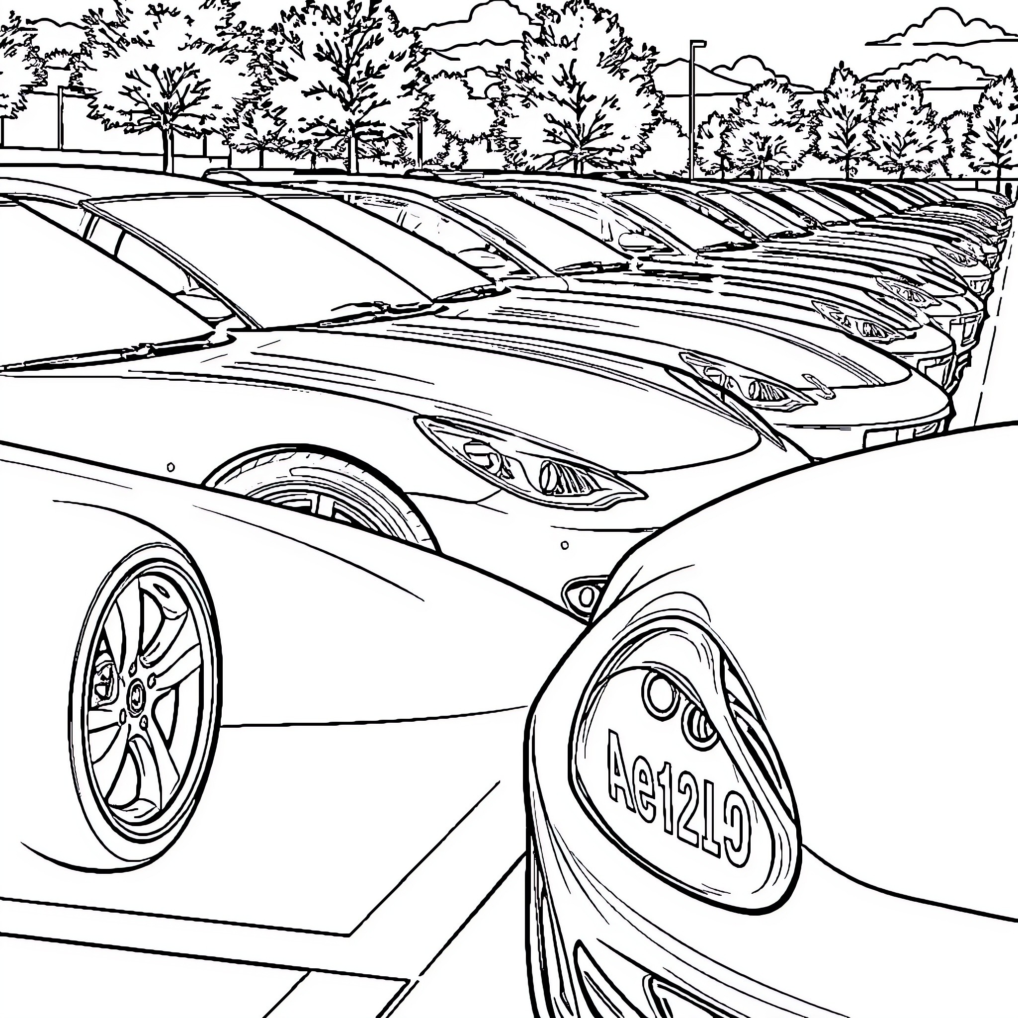 Auto Showroom with Sleek Sports Cars Coloring Page (free black-and-white line drawing printable PDF for all, from beginners to advanced learners, including children, teens, adults, and seniors)