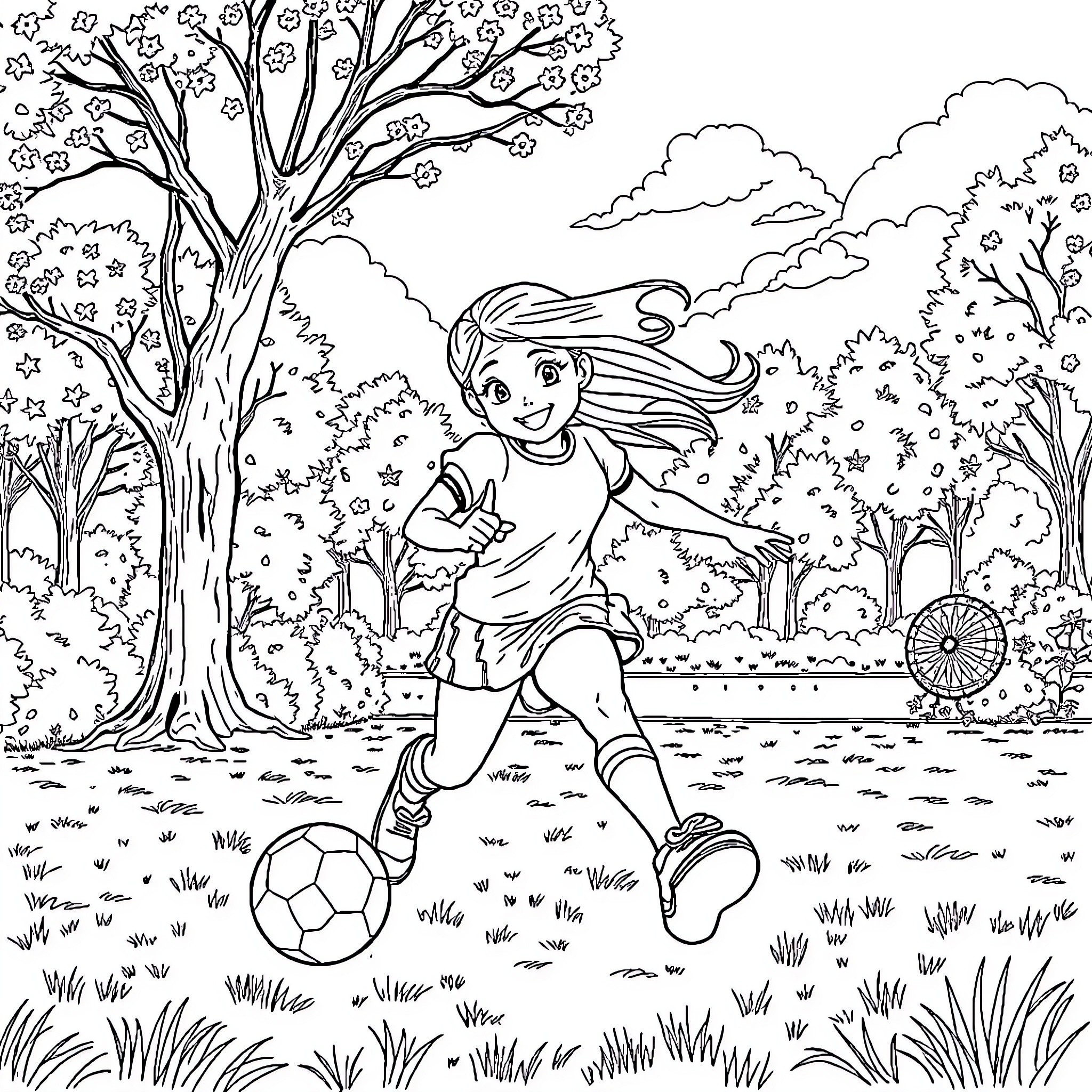 Rapunzel playing soccer in the enchanted forest Coloring Page (free black-and-white line drawing printable PDF for all, from beginners to advanced learners, including children, teens, adults, and seniors)