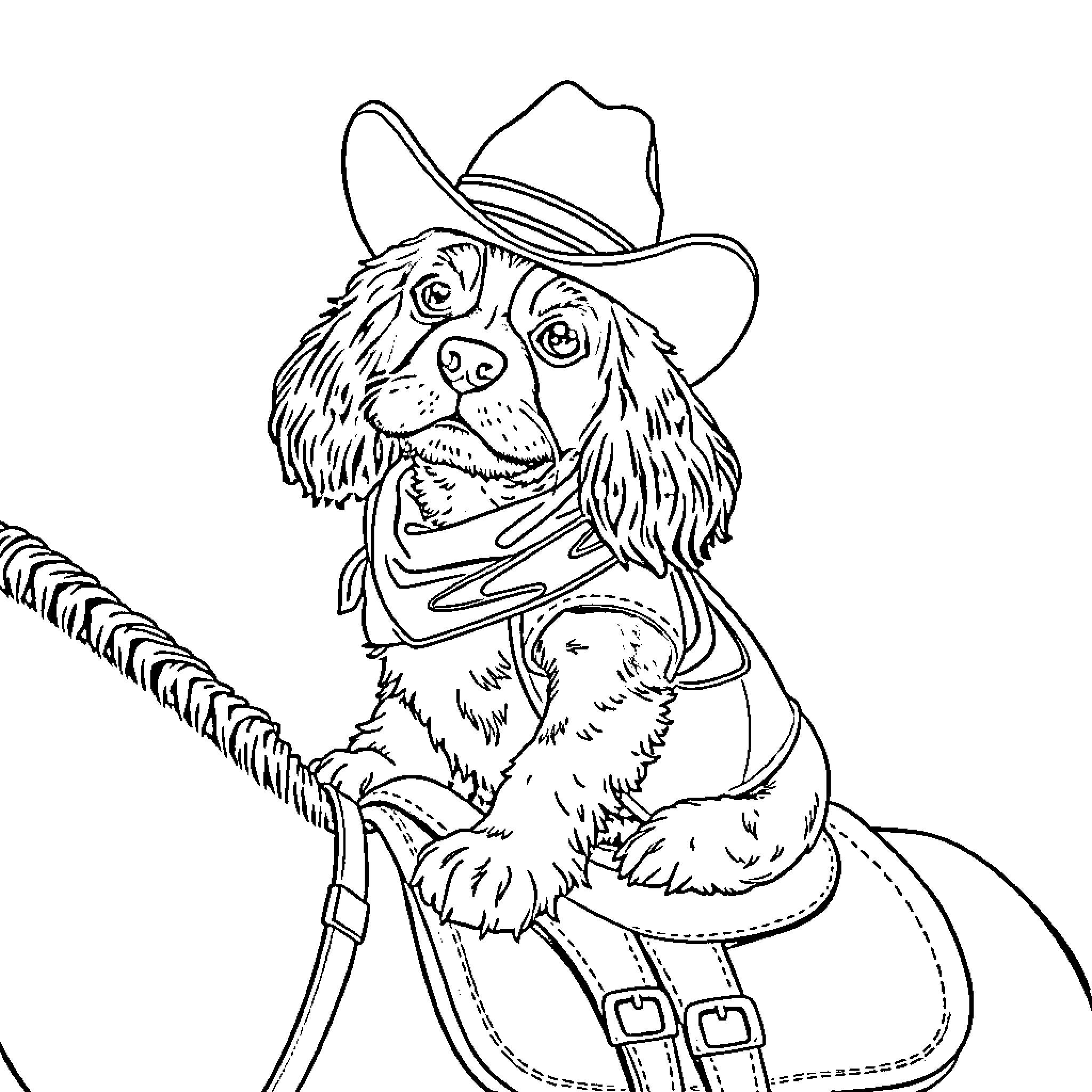 Cocker Spaniel dressed as a cowboy Coloring Page (free black-and-white line drawing printable PDF for all, from beginners to advanced learners, including children, teens, adults, and seniors)