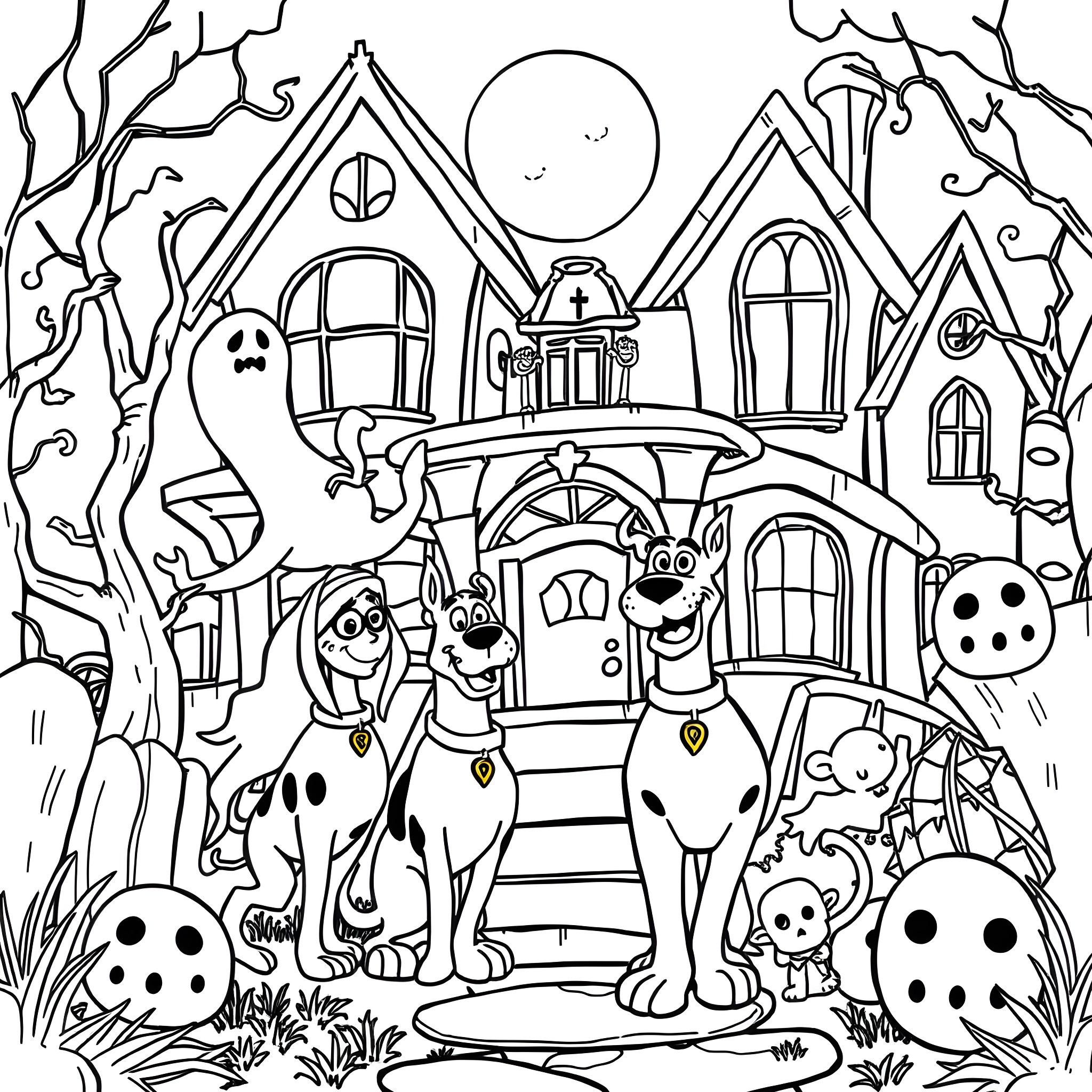 Scooby Doo and friends exploring a spooky haunted house Coloring Page (free black-and-white line drawing printable PDF for all, from beginners to advanced learners, including children, teens, adults, and seniors)