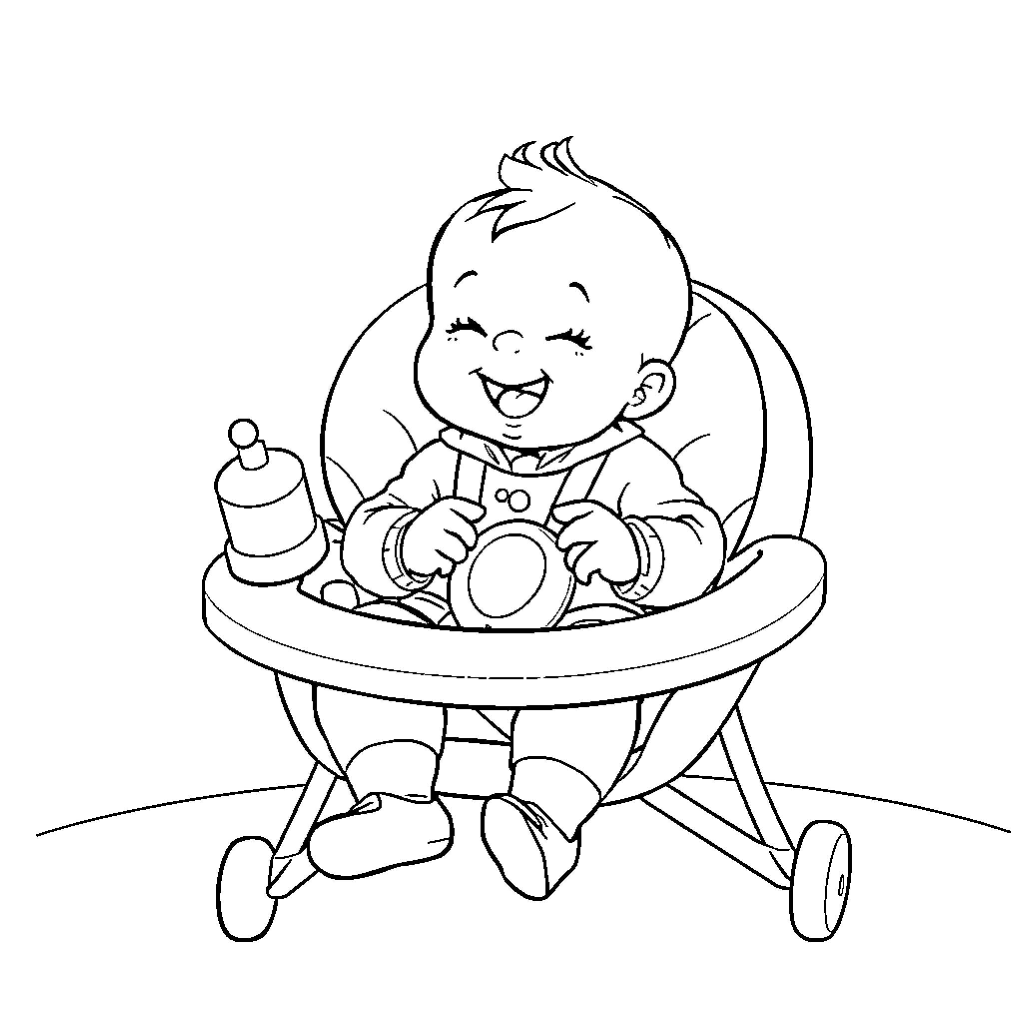 Baby enjoying playtime with toys in high chair Coloring Page (free black-and-white line drawing printable PDF for all, from beginners to advanced learners, including children, teens, adults, and seniors)