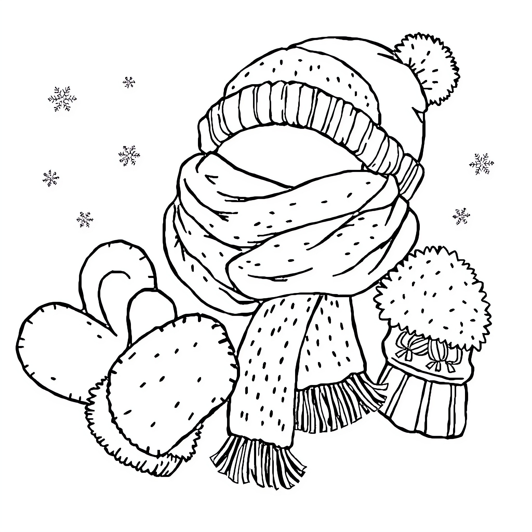 Winter Attire and Snowy Accessories Coloring Page (free black-and-white line drawing printable PDF for all, from beginners to advanced learners, including children, teens, adults, and seniors)