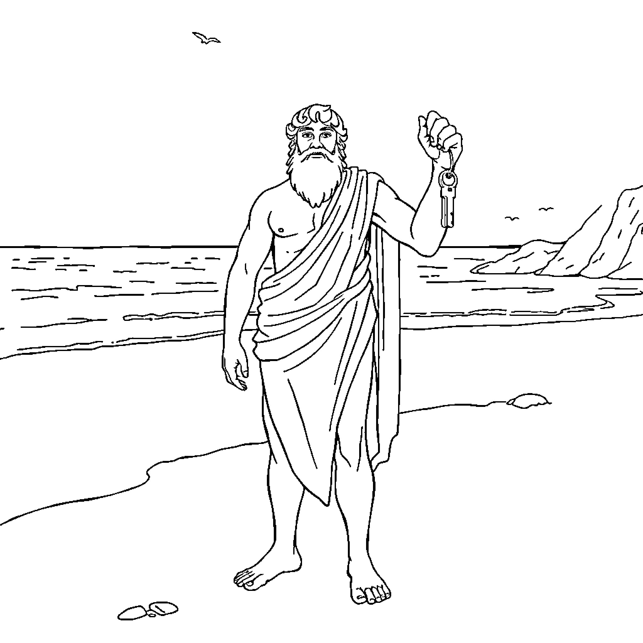 Odysseus Contemplating the Open Sea Coloring Page (free black-and-white line drawing printable PDF for all, from beginners to advanced learners, including children, teens, adults, and seniors)