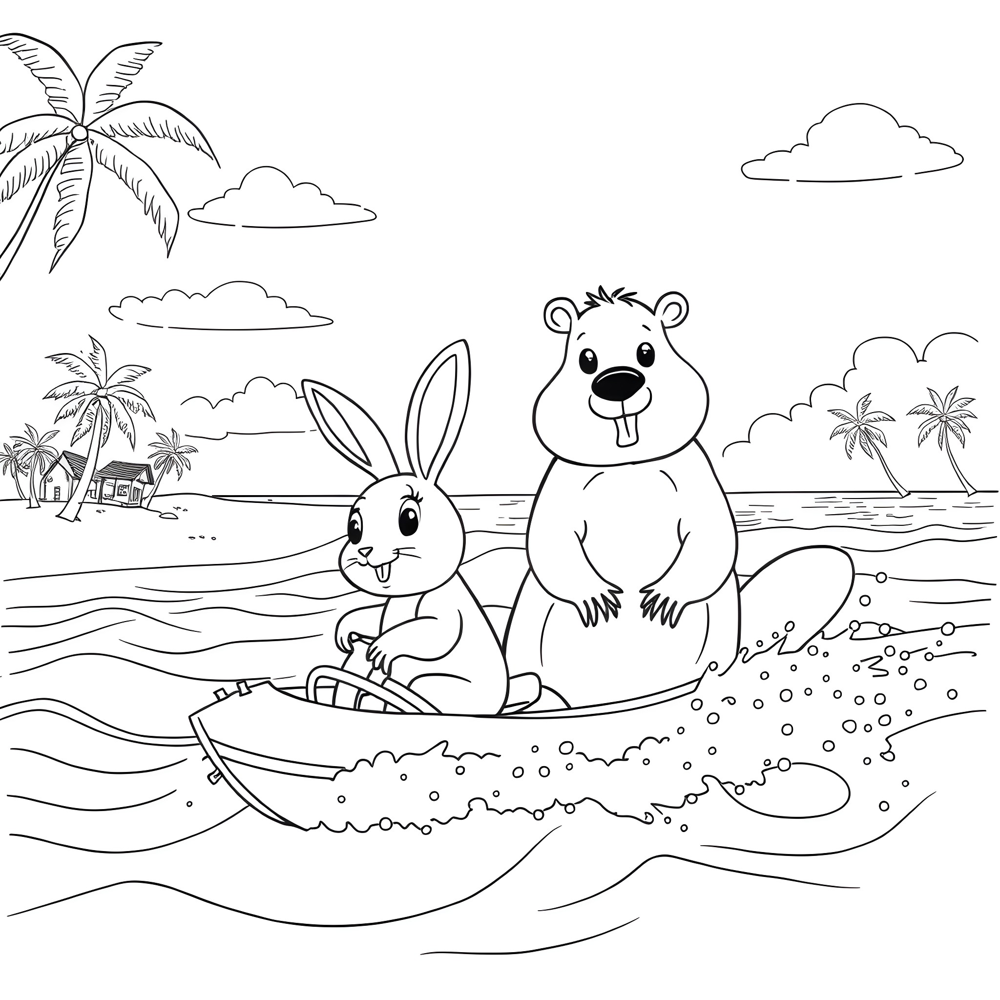 Rabbit and Bear Enjoying the Beach Coloring Page (free black-and-white line drawing printable PDF for all, from beginners to advanced learners, including children, teens, adults, and seniors)