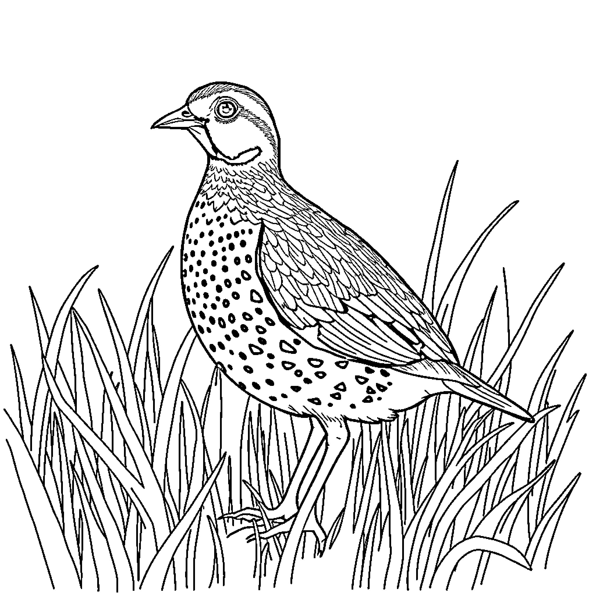 Quail perched amidst lush vegetation Coloring Page (free black-and-white line drawing printable PDF for all, from beginners to advanced learners, including children, teens, adults, and seniors)