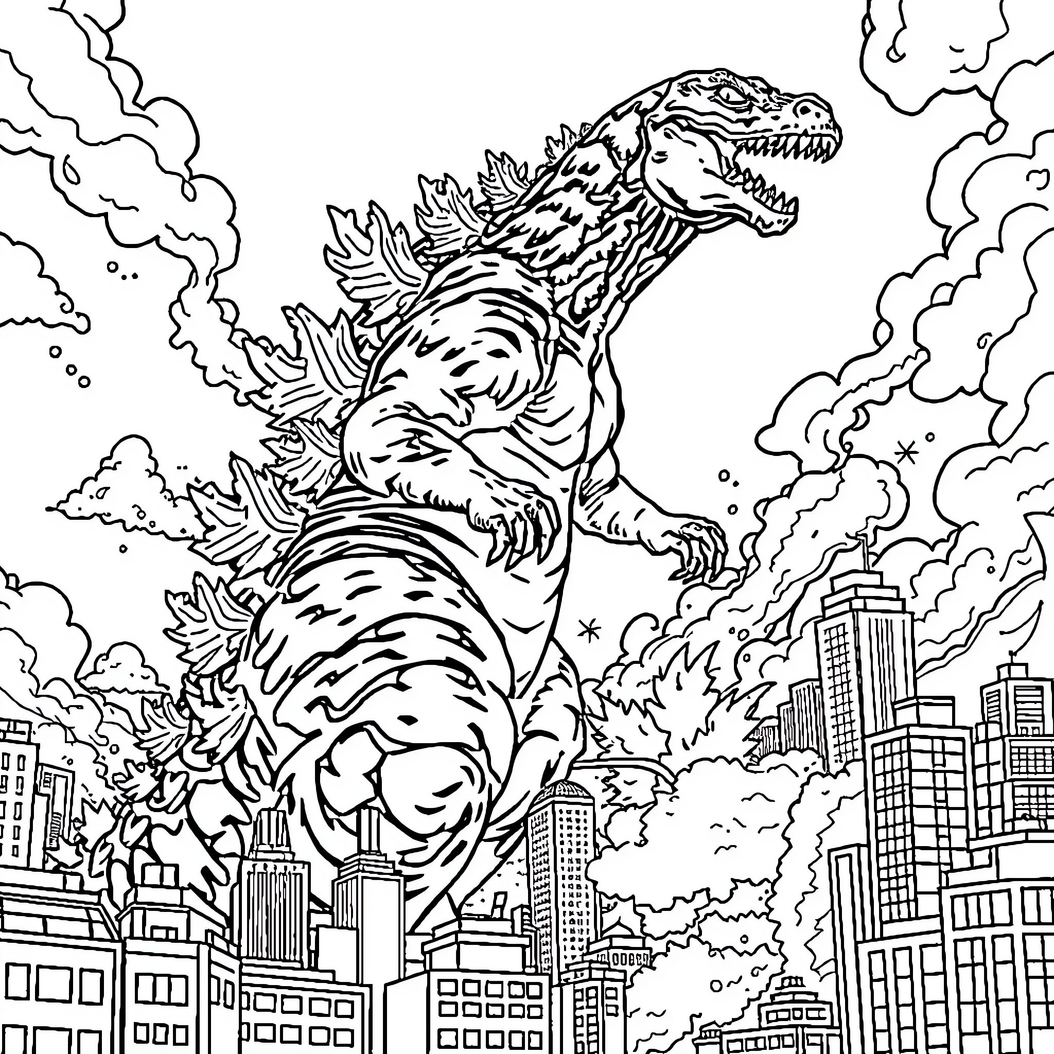 Godzilla rampaging through the city skyline Coloring Page (free black-and-white line drawing printable PDF for all, from beginners to advanced learners, including children, teens, adults, and seniors)