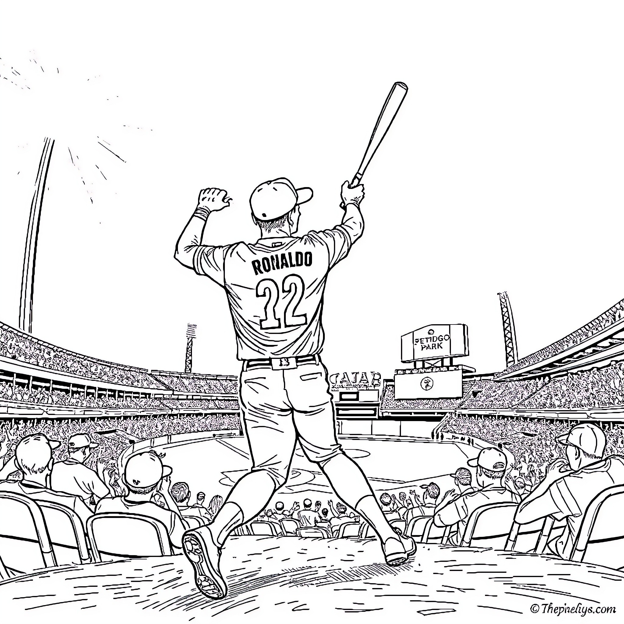 Ronaldo celebrating victory in baseball game Coloring Page (free black-and-white line drawing printable PDF for all, from beginners to advanced learners, including children, teens, adults, and seniors)