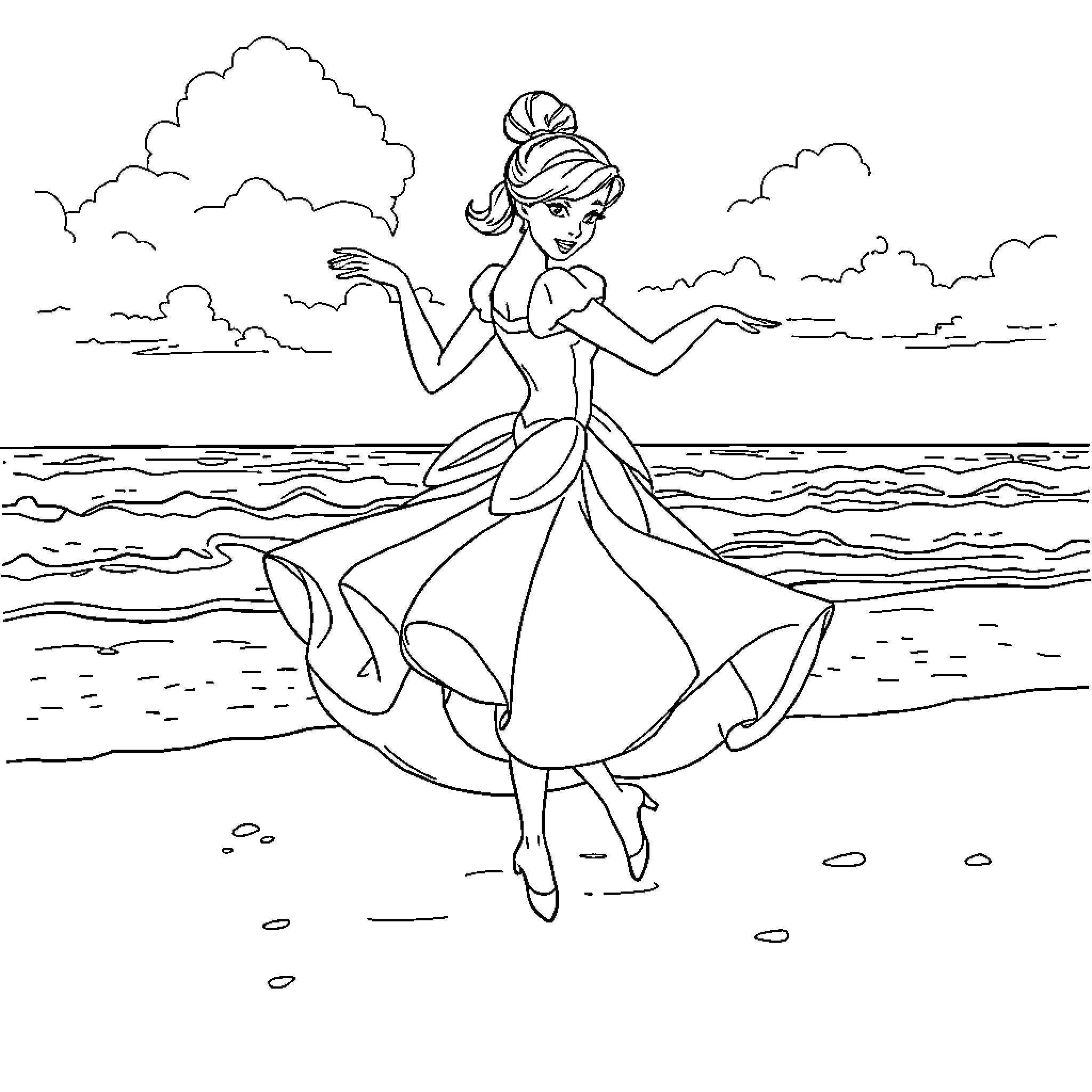 Cinderella gracefully dancing on the beach Coloring Page (free black-and-white line drawing printable PDF for all, from beginners to advanced learners, including children, teens, adults, and seniors)