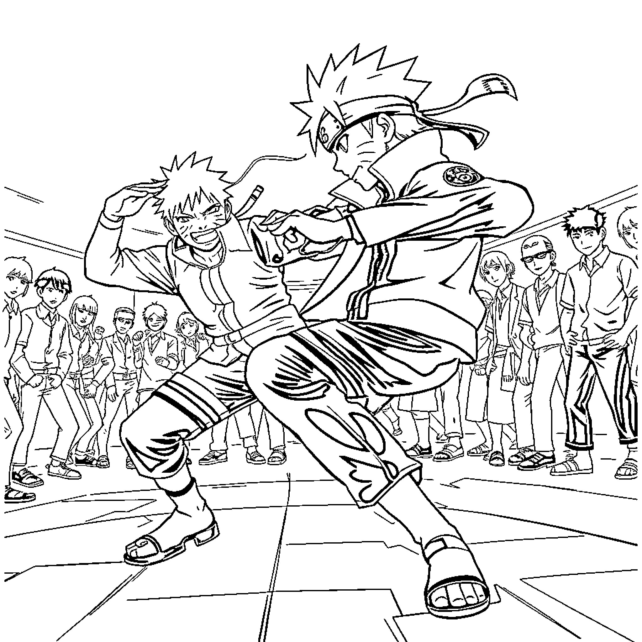 Naruto fighting scene with crowd of characters Coloring Page (free black-and-white line drawing printable PDF for all, from beginners to advanced learners, including children, teens, adults, and seniors)