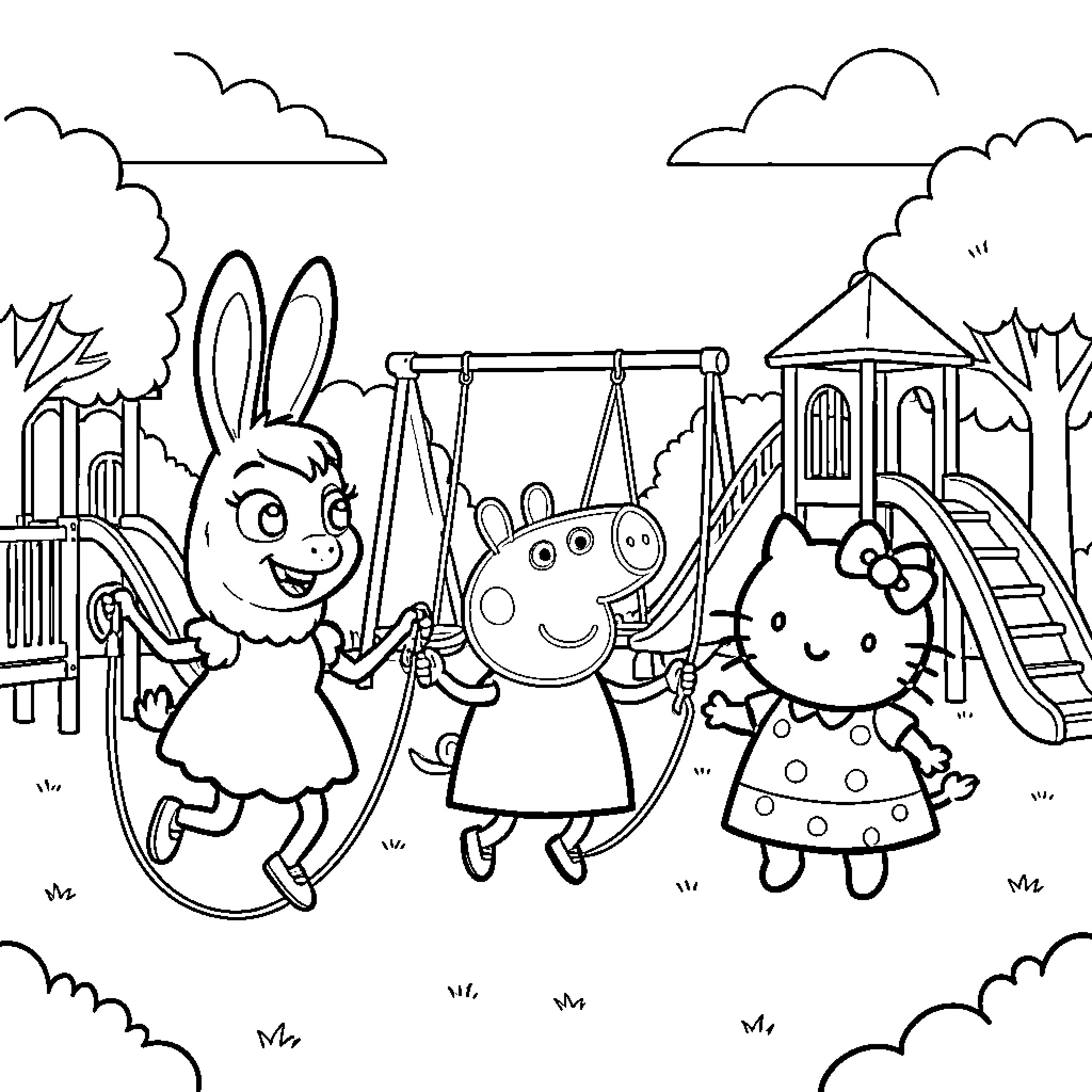 Judy Hopps and friends playing at the playground Coloring Page (free black-and-white line drawing printable PDF for all, from beginners to advanced learners, including children, teens, adults, and seniors)