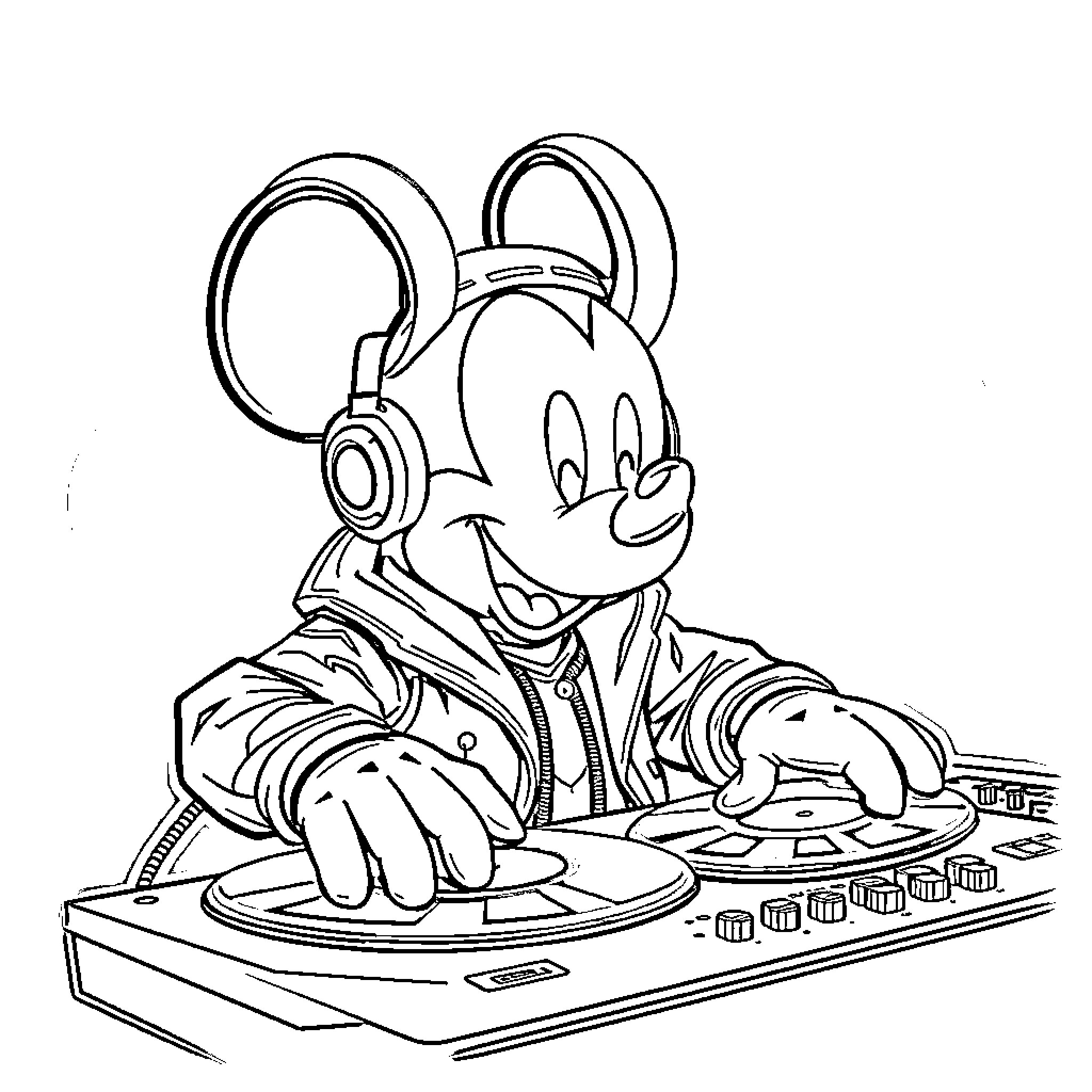 Mickey Mouse Deejaying with Headphones and Music Equipment Coloring Page (free black-and-white line drawing printable PDF for all, from beginners to advanced learners, including children, teens, adults, and seniors)