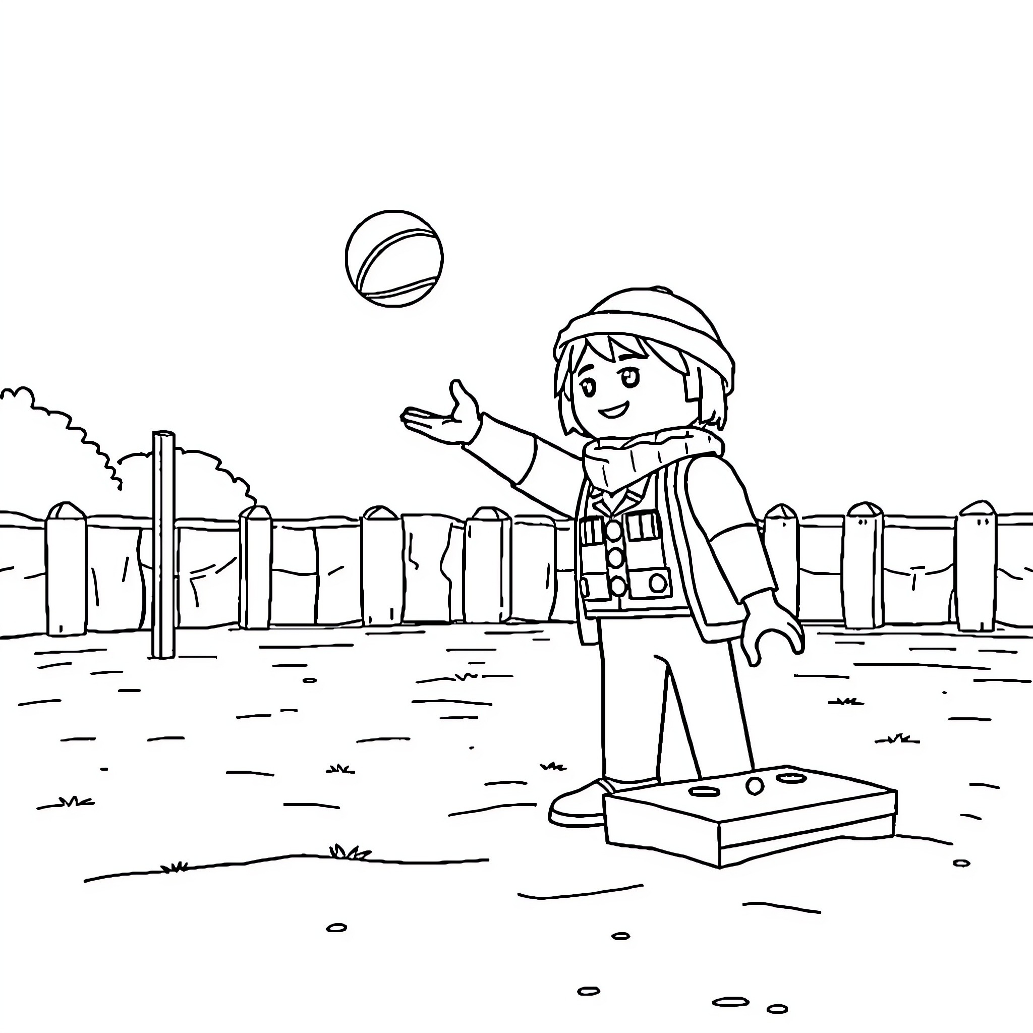 Playmobil Character Playing with a Ball Coloring Page (free black-and-white line drawing printable PDF for all, from beginners to advanced learners, including children, teens, adults, and seniors)