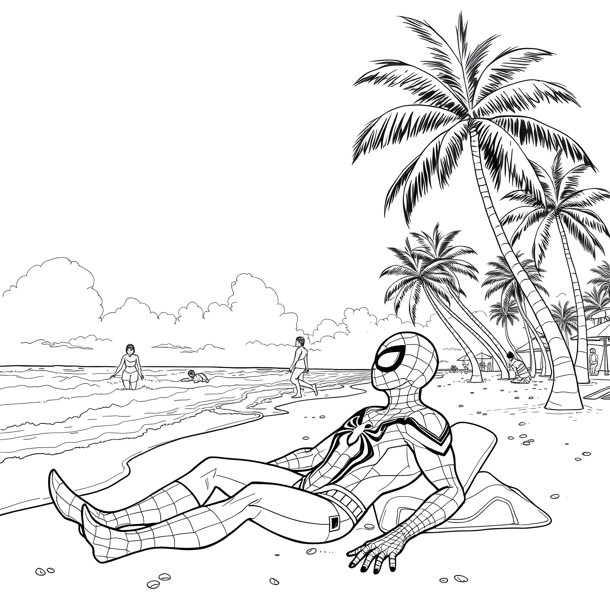 Spiderman relaxing on the beach with palm trees Coloring Page (free black-and-white line drawing printable PDF for all, from beginners to advanced learners, including children, teens, adults, and seniors)