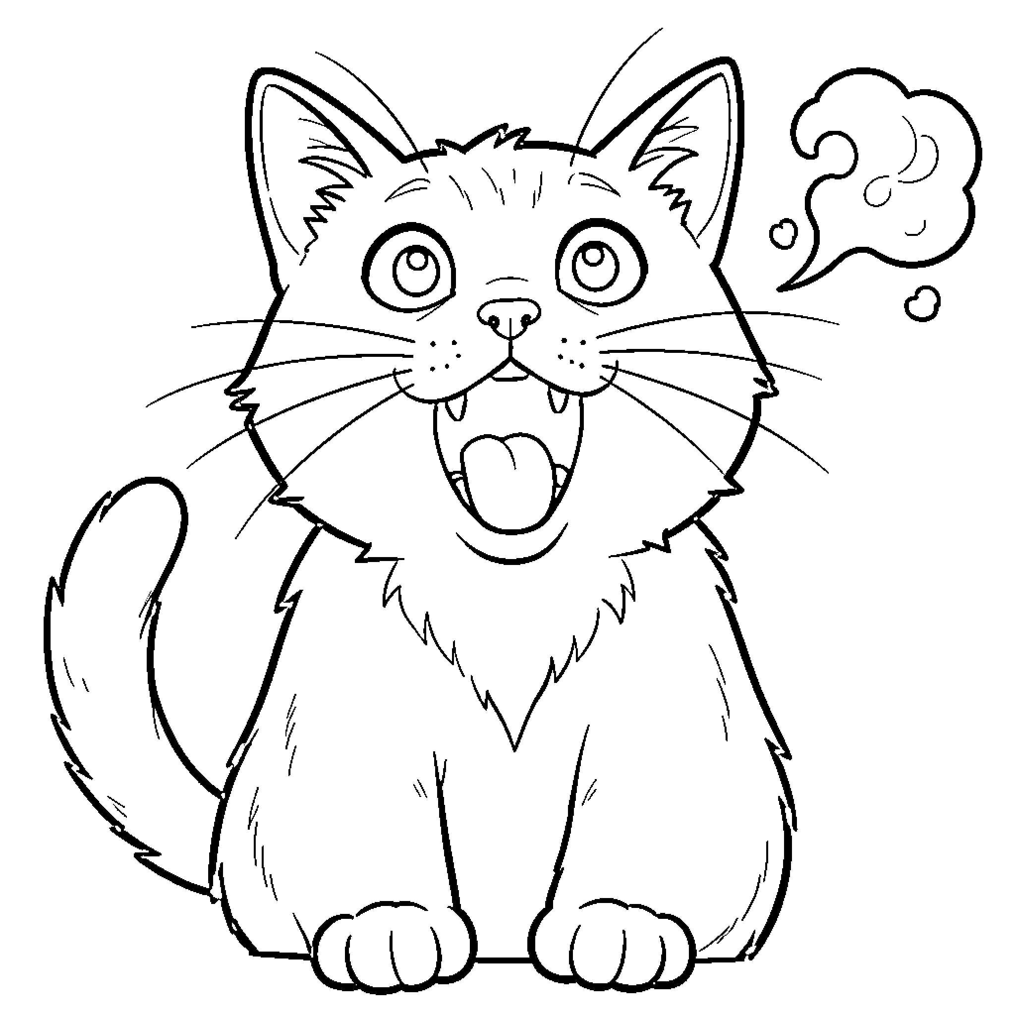 Cat making an excited expression Coloring Page (free black-and-white line drawing printable PDF for all, from beginners to advanced learners, including children, teens, adults, and seniors)