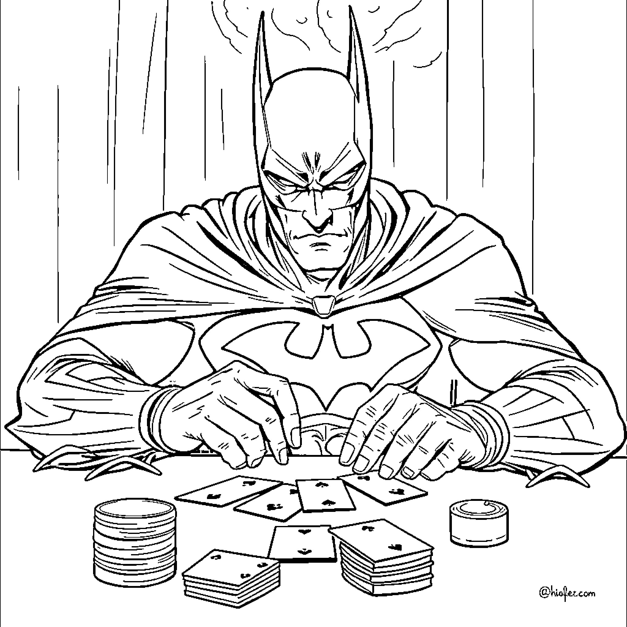 Batman playing cards in the dark Coloring Page (free black-and-white line drawing printable PDF for all, from beginners to advanced learners, including children, teens, adults, and seniors)