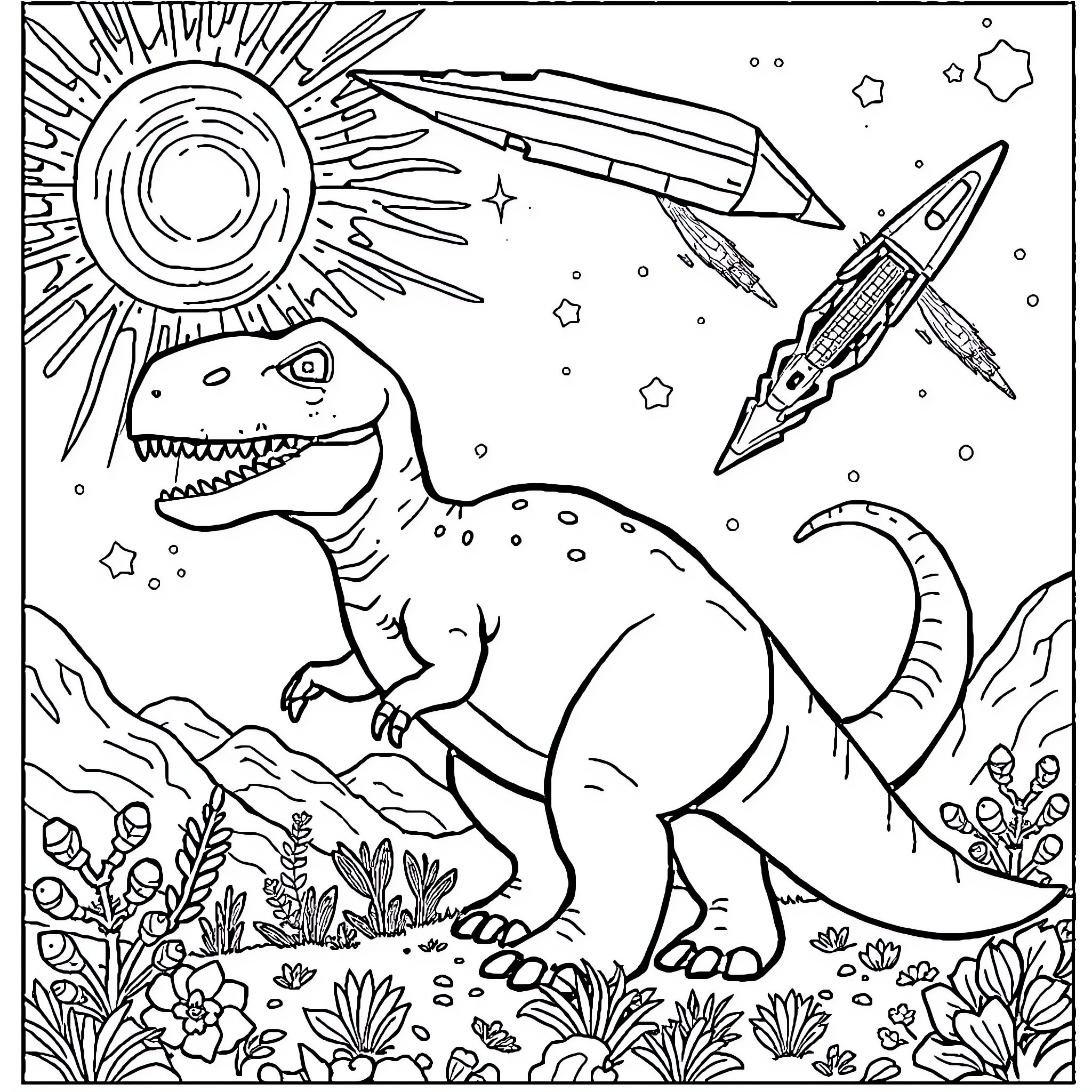 Dinosaur roaming the cosmic landscape Coloring Page (free black-and-white line drawing printable PDF for all, from beginners to advanced learners, including children, teens, adults, and seniors)