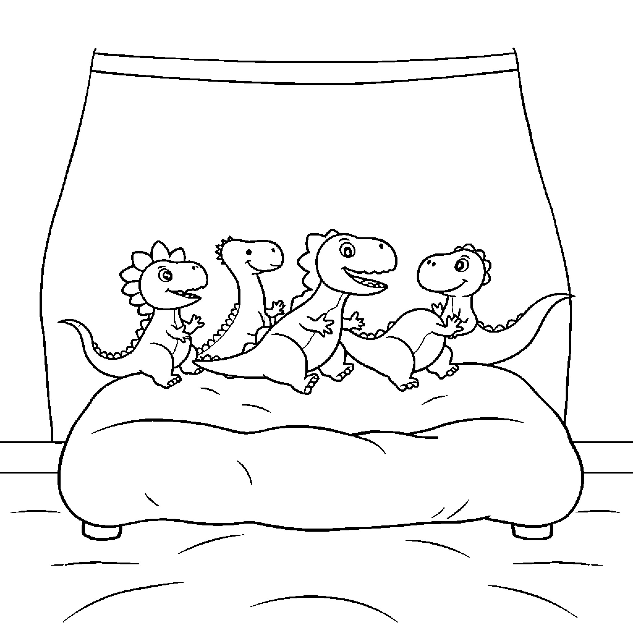 Dinosaur friends playing together Coloring Page (free black-and-white line drawing printable PDF for all, from beginners to advanced learners, including children, teens, adults, and seniors)