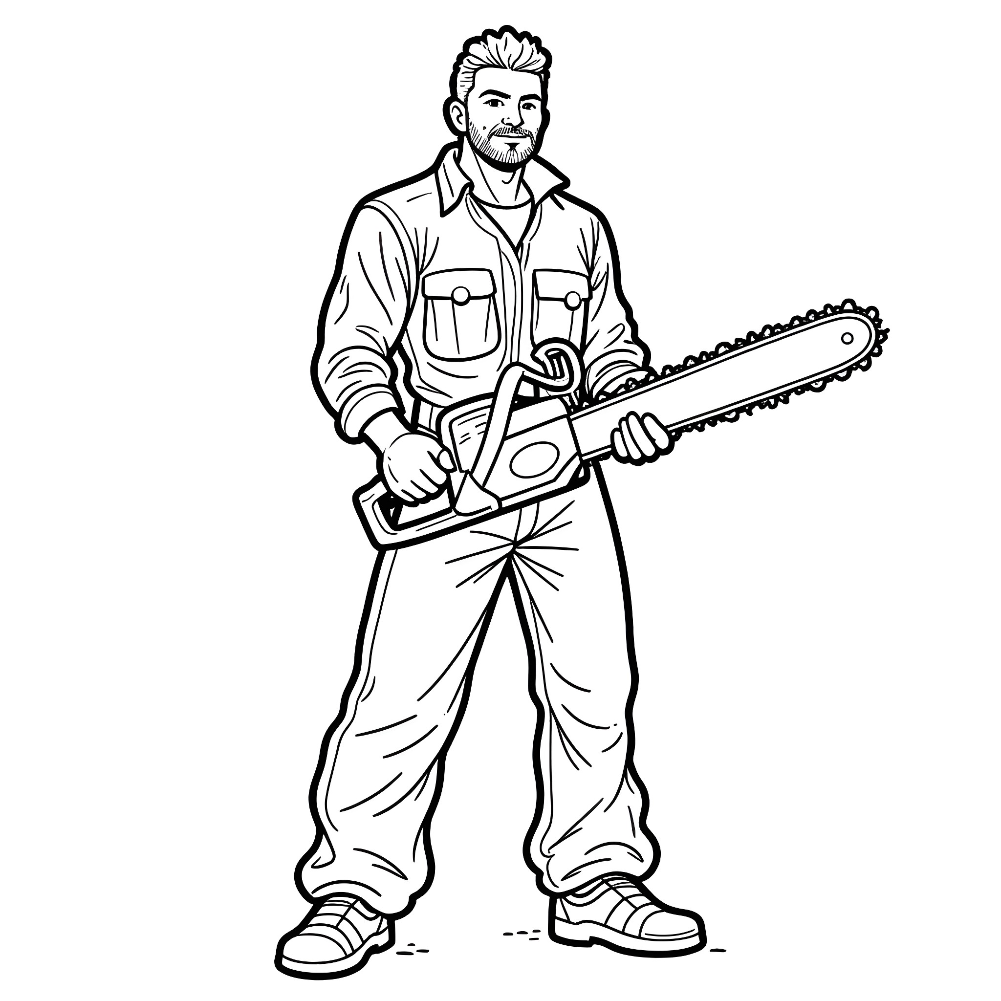 Chainsaw Man wielding a powerful chainsaw Coloring Page (free black-and-white line drawing printable PDF for all, from beginners to advanced learners, including children, teens, adults, and seniors)