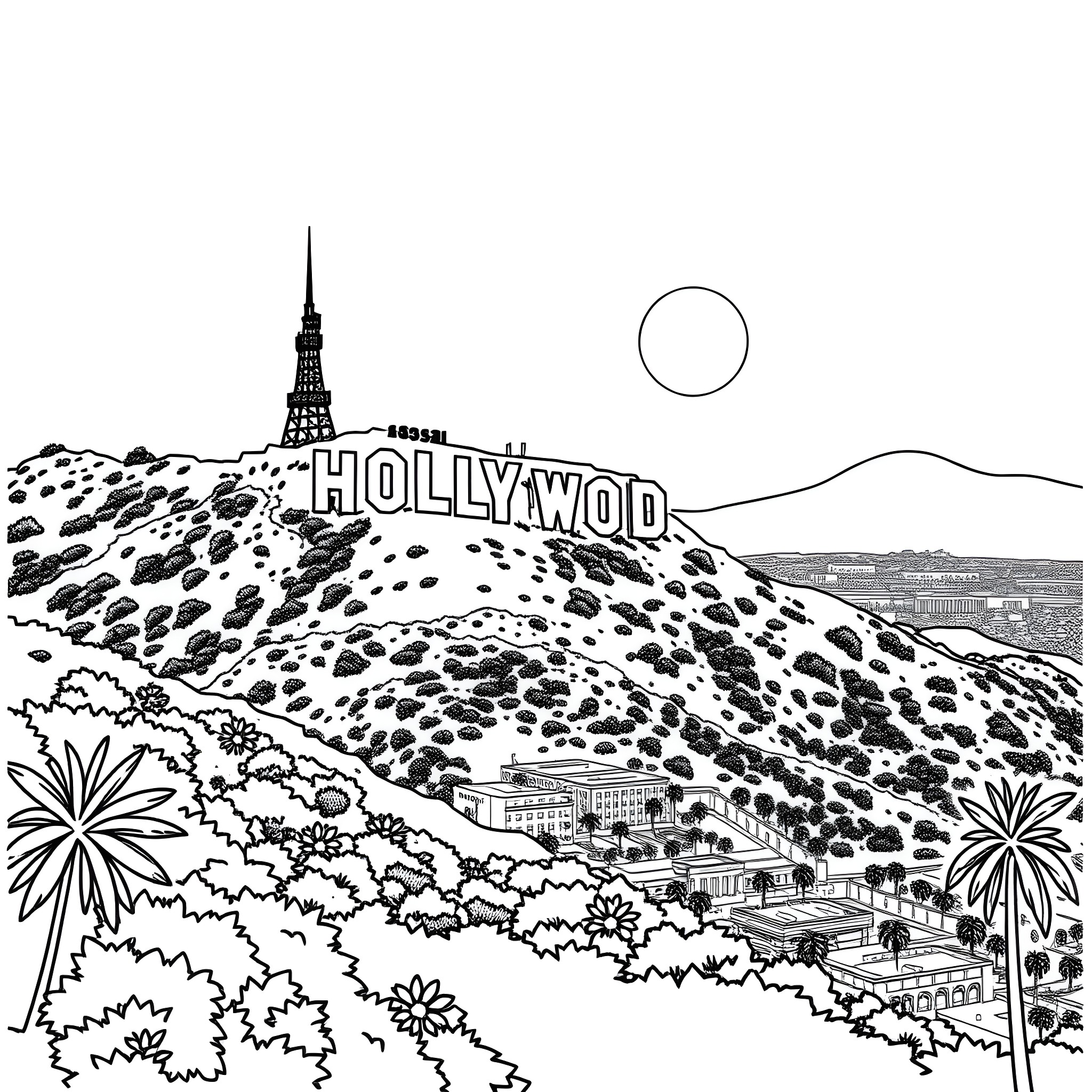Hollywood Sign in the Scenic Landscape Coloring Page (free black-and-white line drawing printable PDF for all, from beginners to advanced learners, including children, teens, adults, and seniors)
