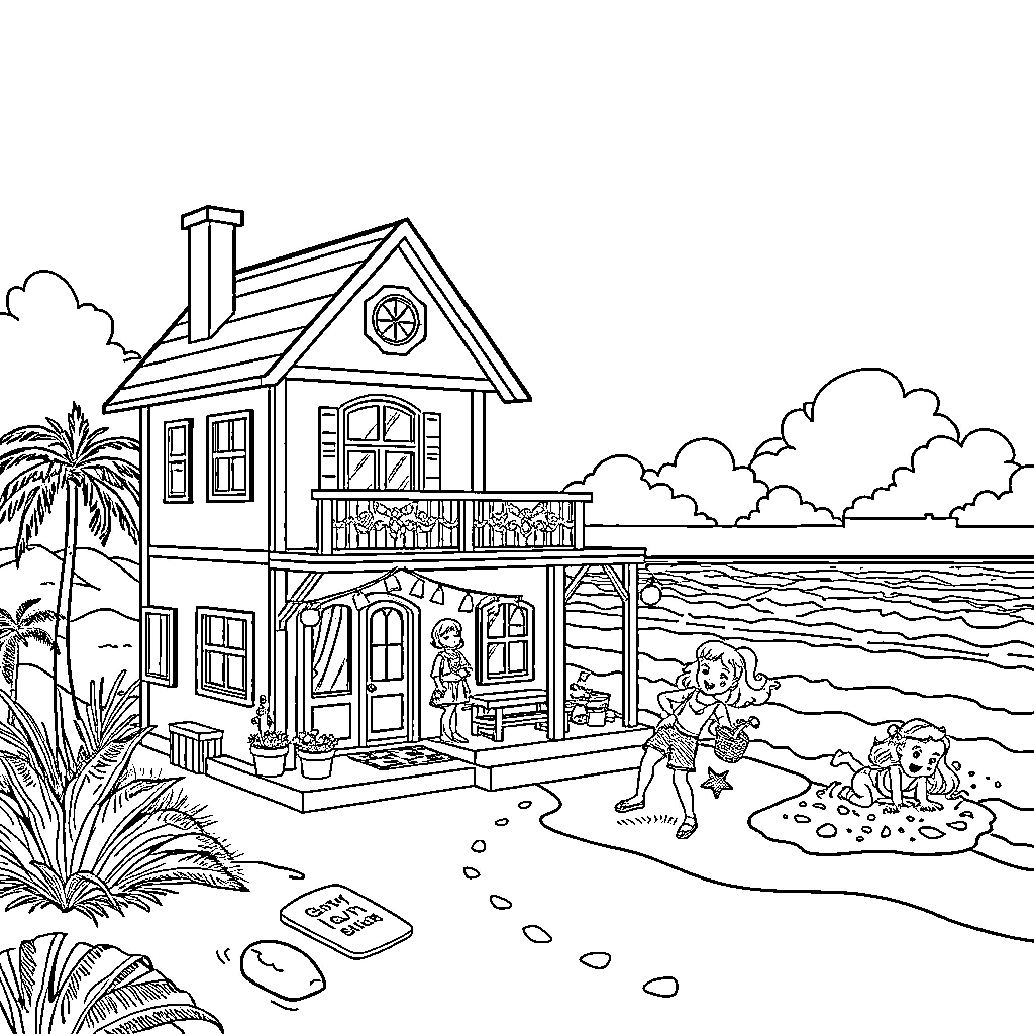 Dollhouse by the Seaside with Children Playing Coloring Page (free black-and-white line drawing printable PDF for all, from beginners to advanced learners, including children, teens, adults, and seniors)