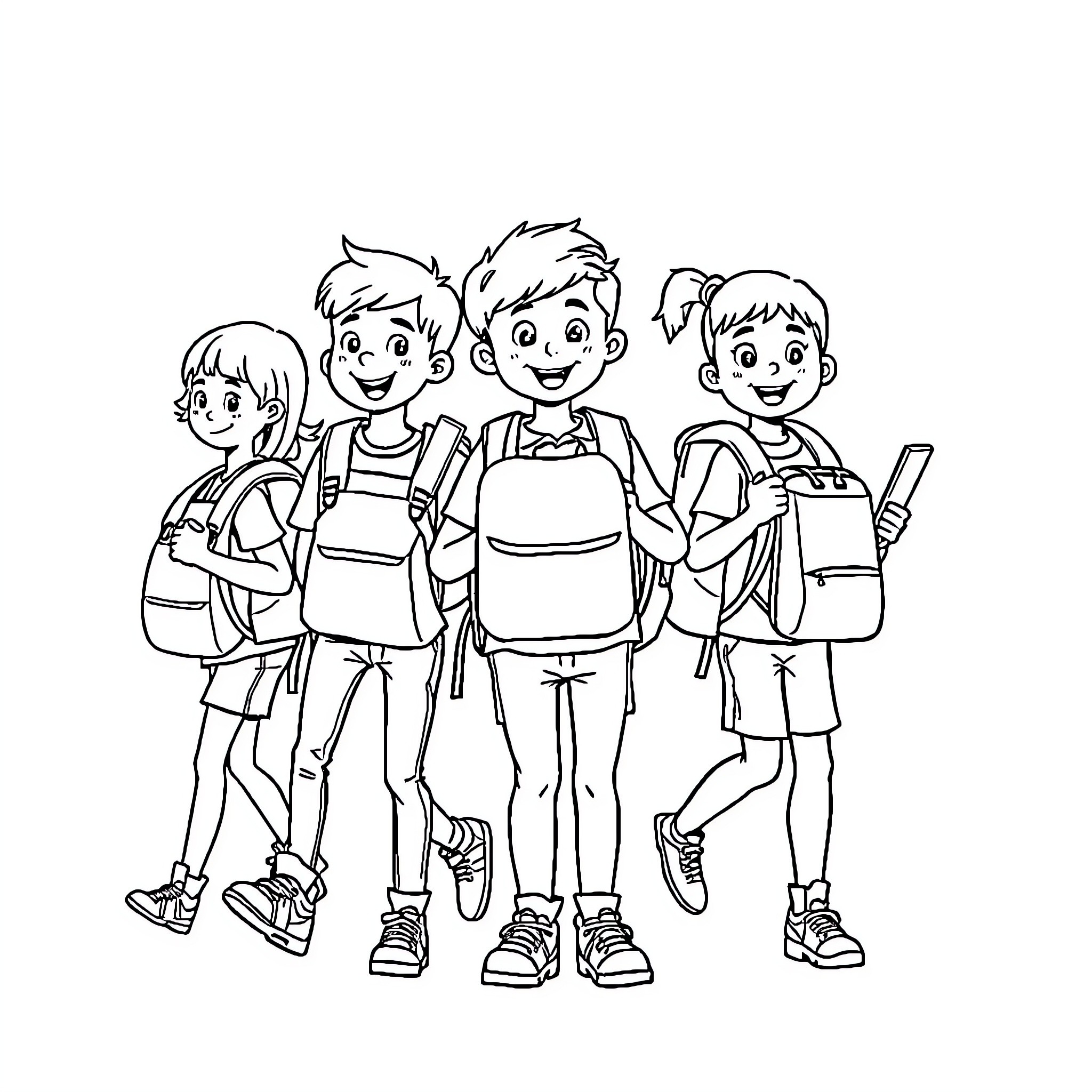 School children enjoying time together Coloring Page (free black-and-white line drawing printable PDF for all, from beginners to advanced learners, including children, teens, adults, and seniors)