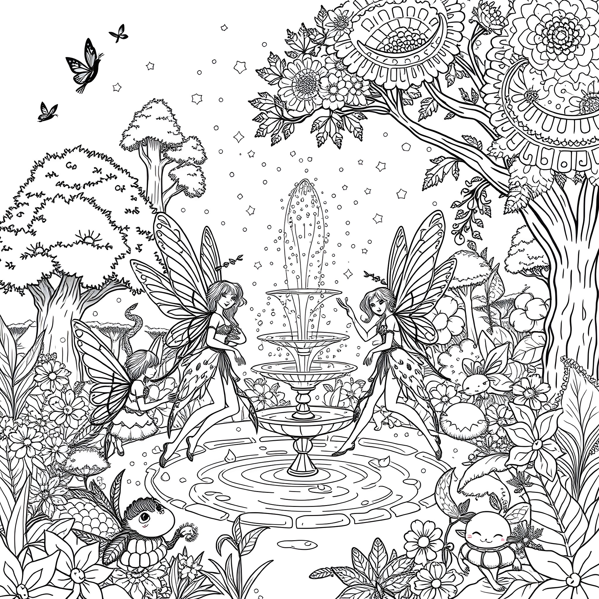 Winx Enchanting Fairy Garden Scene Coloring Page (free black-and-white line drawing printable PDF for all, from beginners to advanced learners, including children, teens, adults, and seniors)