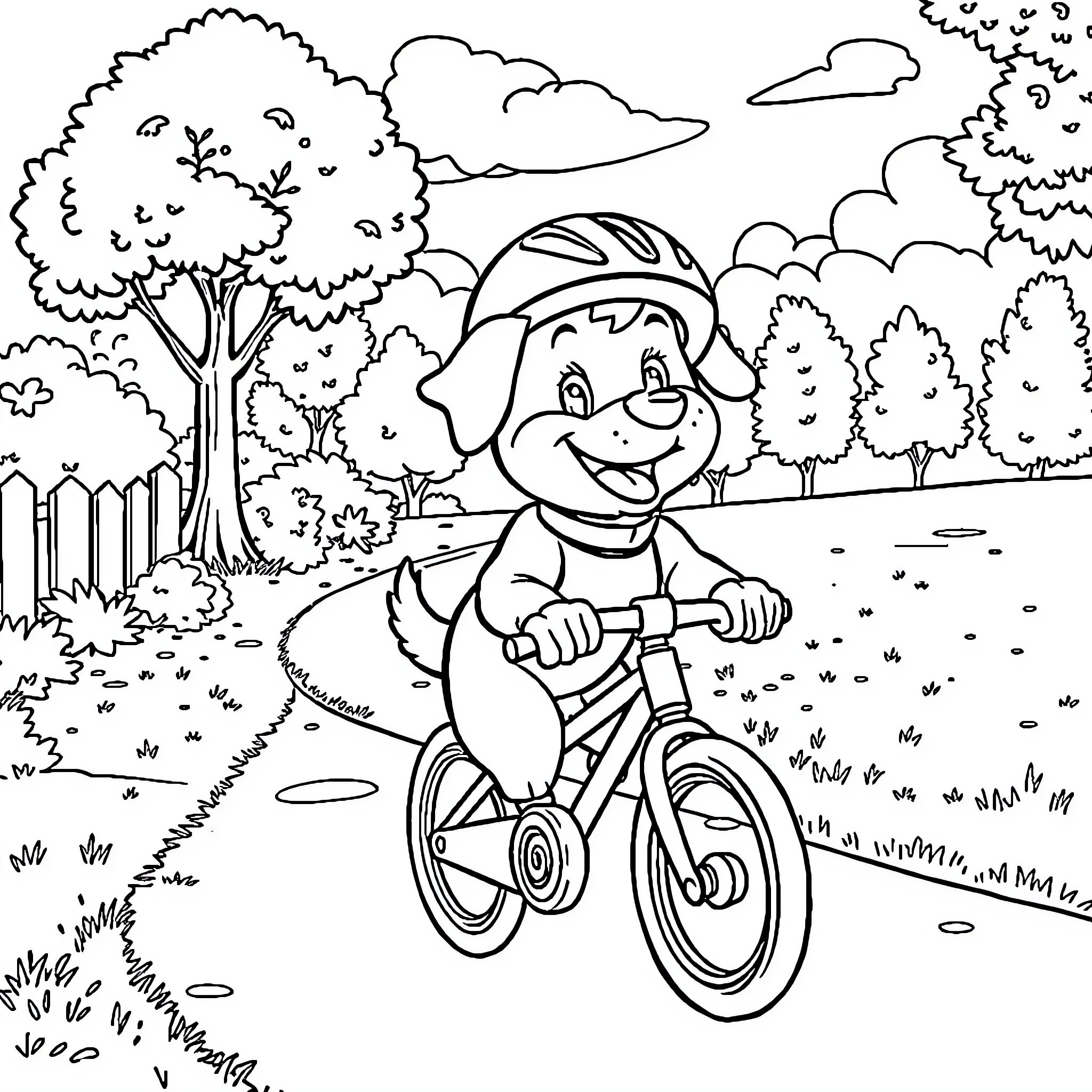 Dog riding bicycle in a park Coloring Page (free black-and-white line drawing printable PDF for all, from beginners to advanced learners, including children, teens, adults, and seniors)