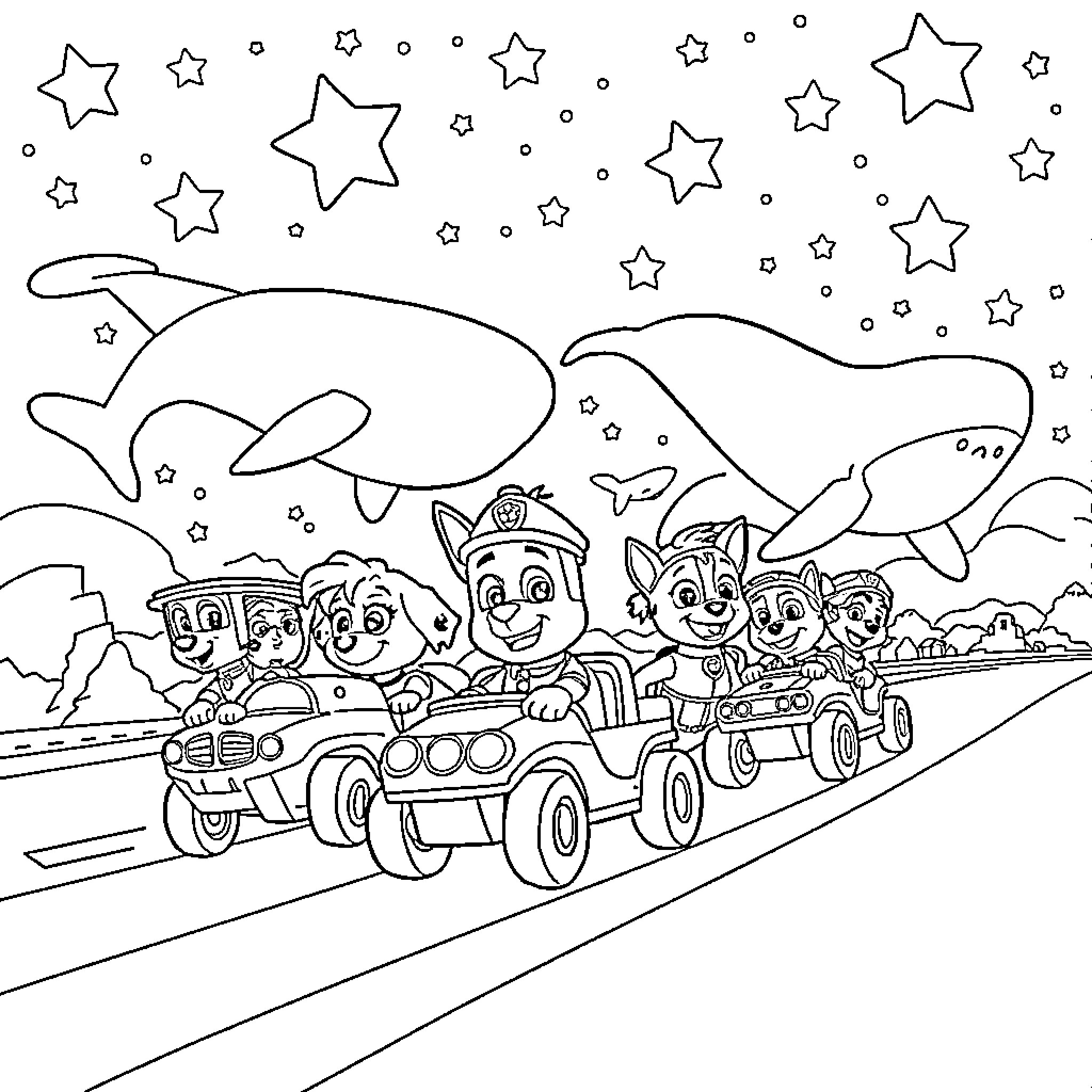 Paw Patrol on an adventure under the starry night Coloring Page (free black-and-white line drawing printable PDF for all, from beginners to advanced learners, including children, teens, adults, and seniors)