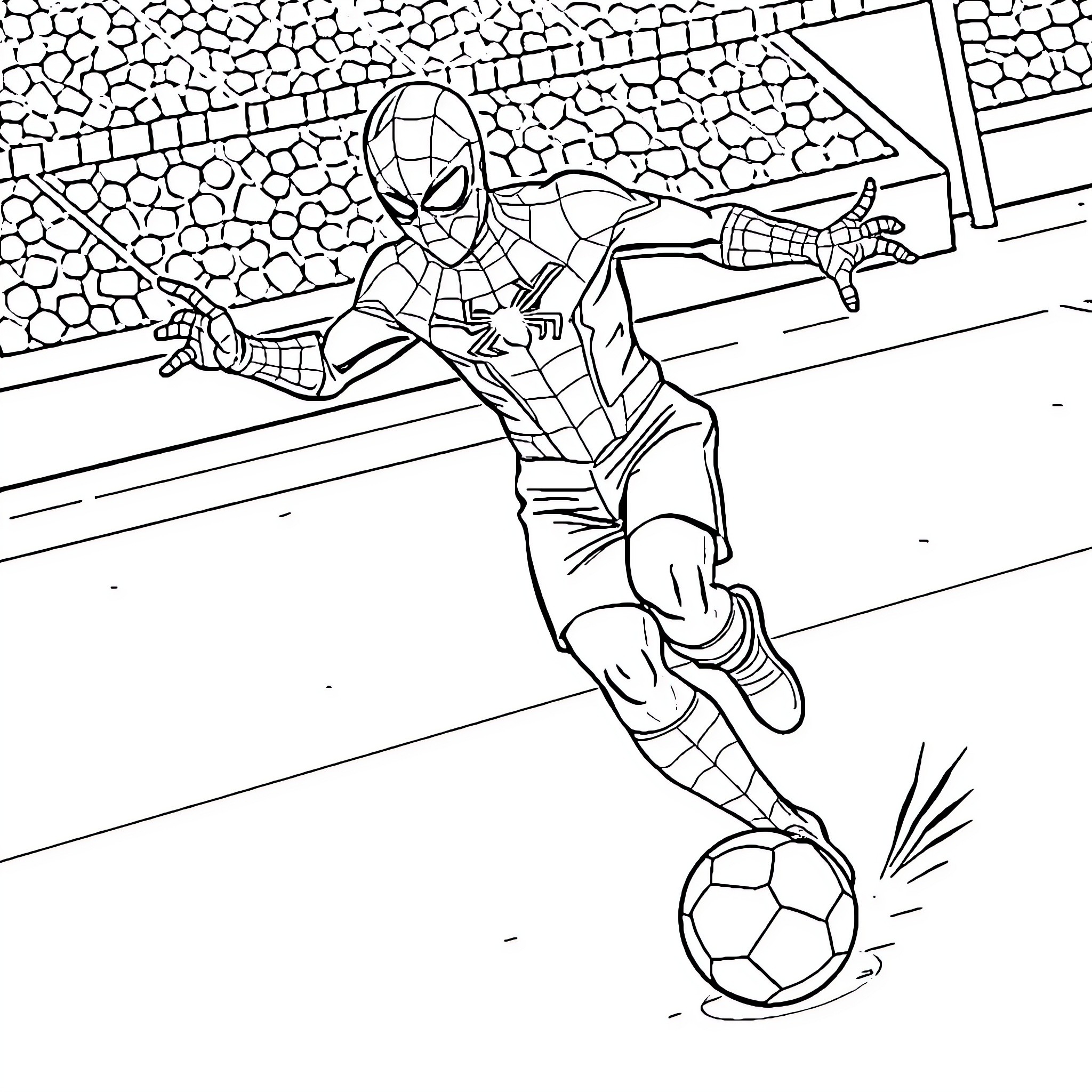 Spiderman playing soccer in the city Coloring Page (free black-and-white line drawing printable PDF for all, from beginners to advanced learners, including children, teens, adults, and seniors)