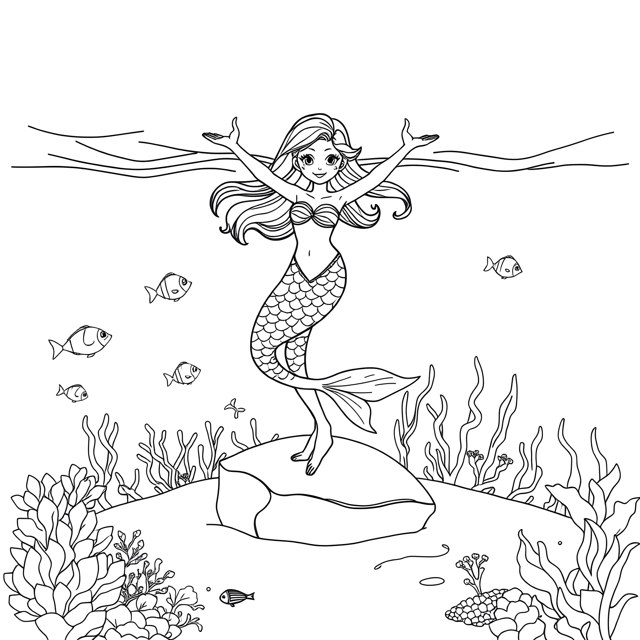Mermaid playing joyfully in the underwater ocean Coloring Page (free black-and-white line drawing printable PDF for all, from beginners to advanced learners, including children, teens, adults, and seniors)