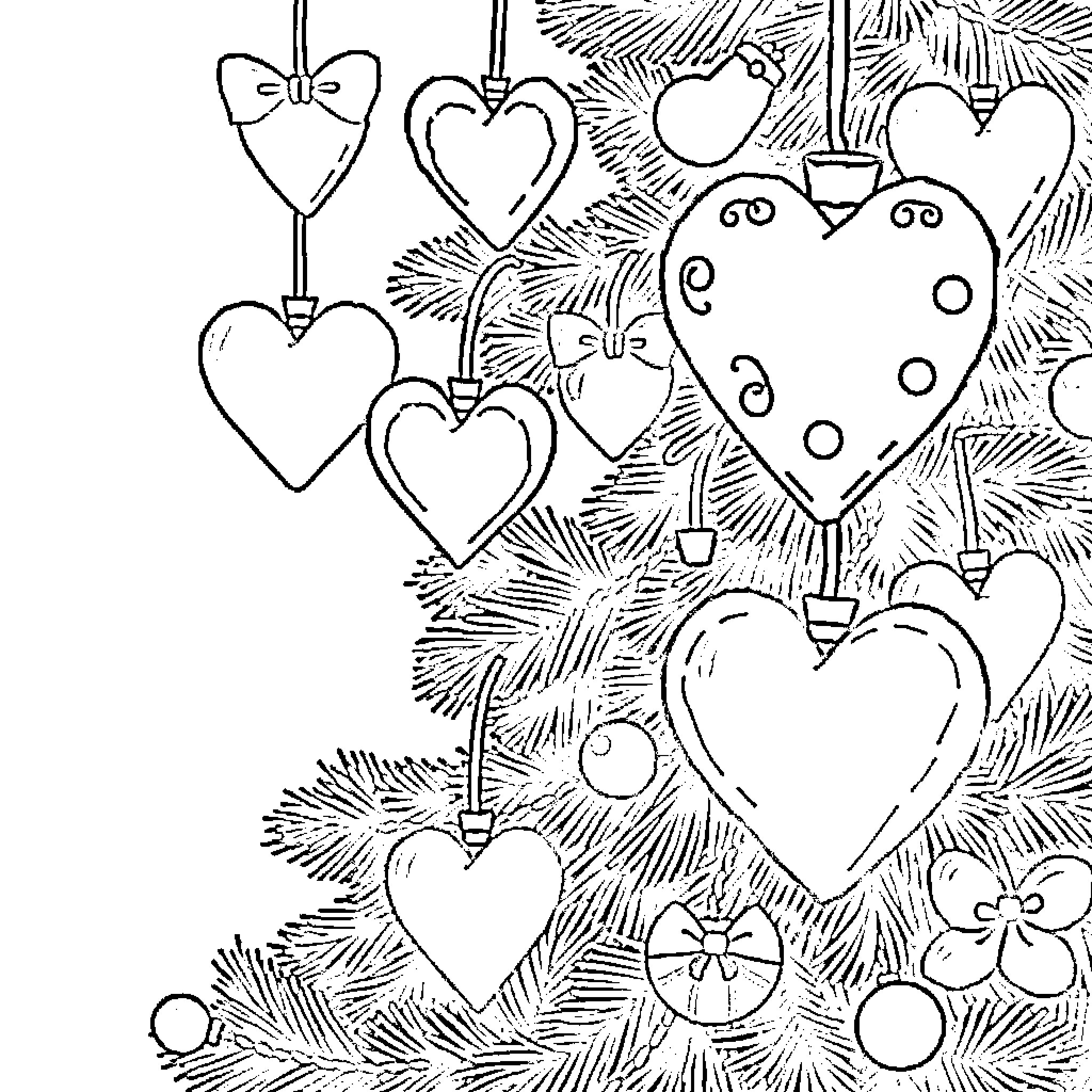Heart-shaped ornaments decorating a Christmas tree Coloring Page (free black-and-white line drawing printable PDF for all, from beginners to advanced learners, including children, teens, adults, and seniors)