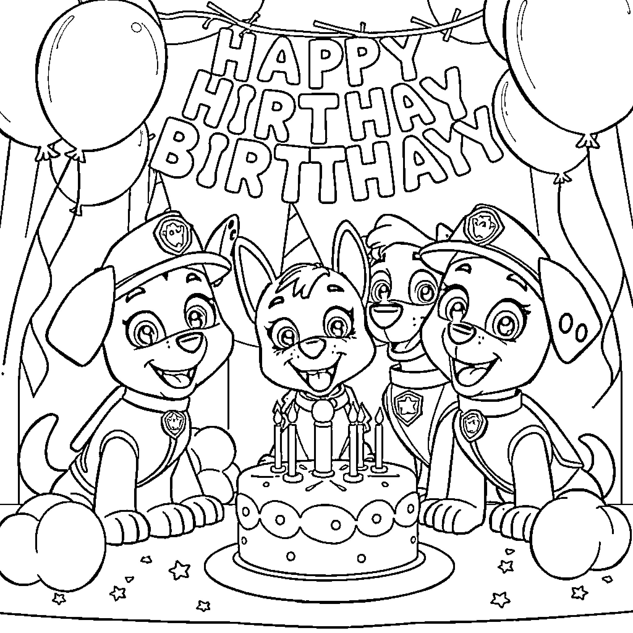 Paw Patrol Happy Birthday Celebration Coloring Page (free black-and-white line drawing printable PDF for all, from beginners to advanced learners, including children, teens, adults, and seniors)