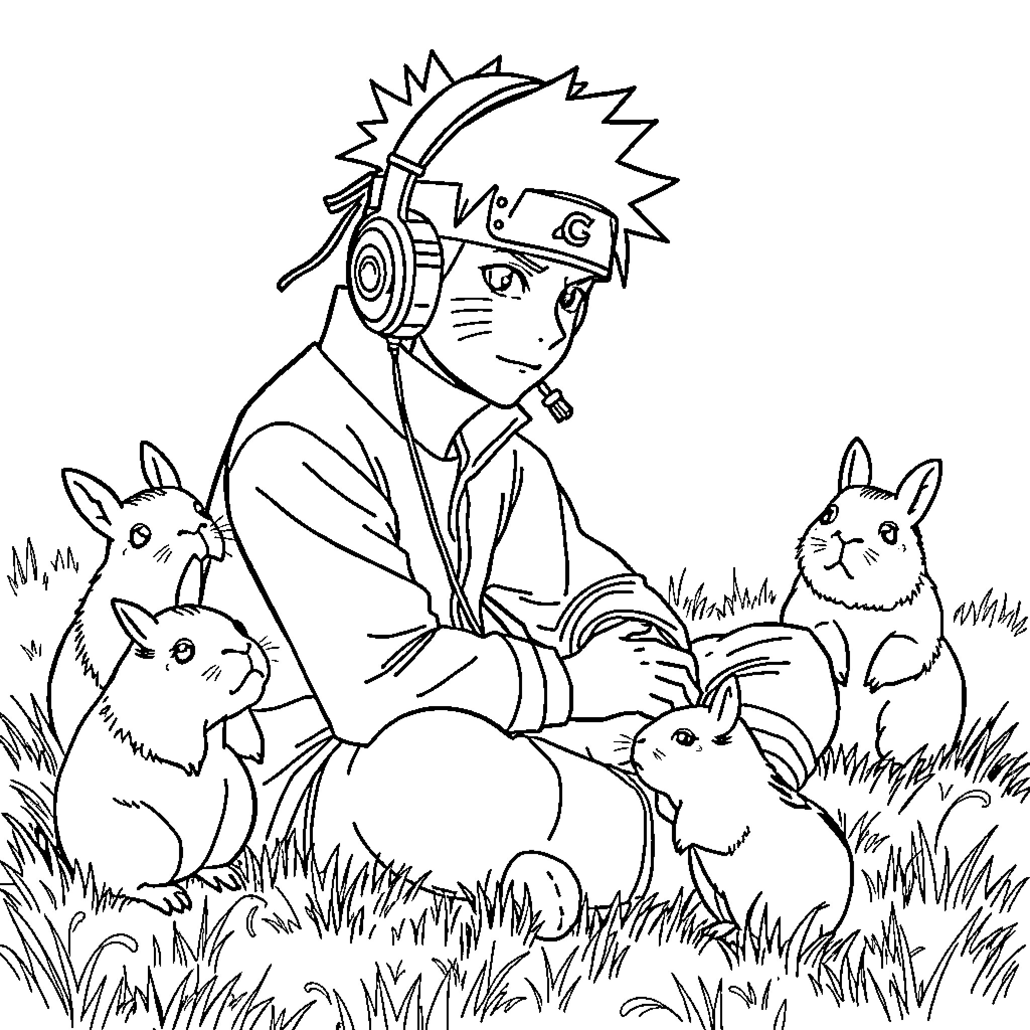 Naruto playing with adorable bunnies in the meadow Coloring Page (free black-and-white line drawing printable PDF for all, from beginners to advanced learners, including children, teens, adults, and seniors)