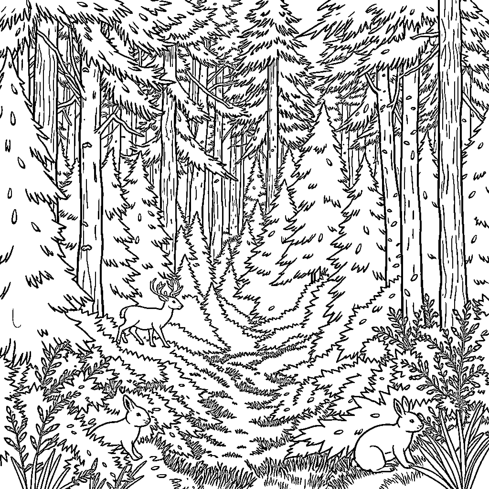 Animal forest with wildlife Coloring Page (free black-and-white line drawing printable PDF for all, from beginners to advanced learners, including children, teens, adults, and seniors)