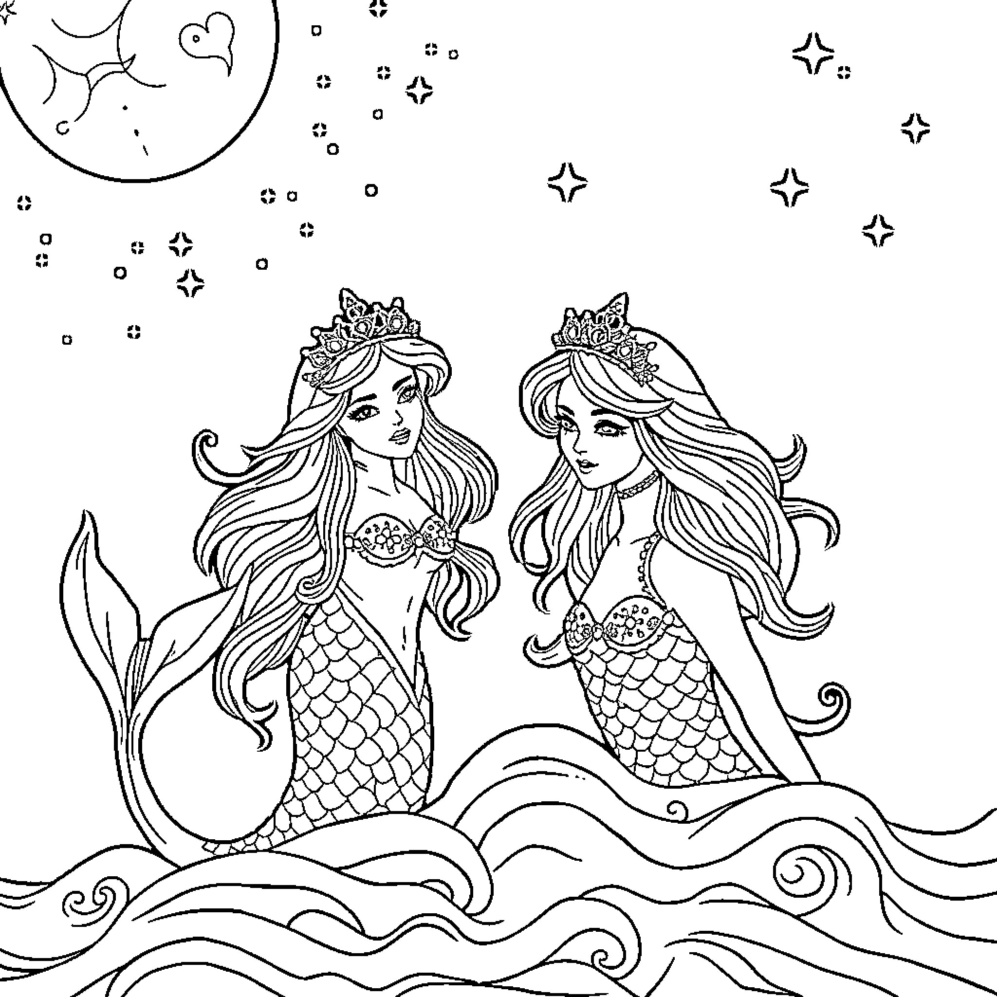 Mermaid princesses swimming in the starry ocean Coloring Page (free black-and-white line drawing printable PDF for all, from beginners to advanced learners, including children, teens, adults, and seniors)