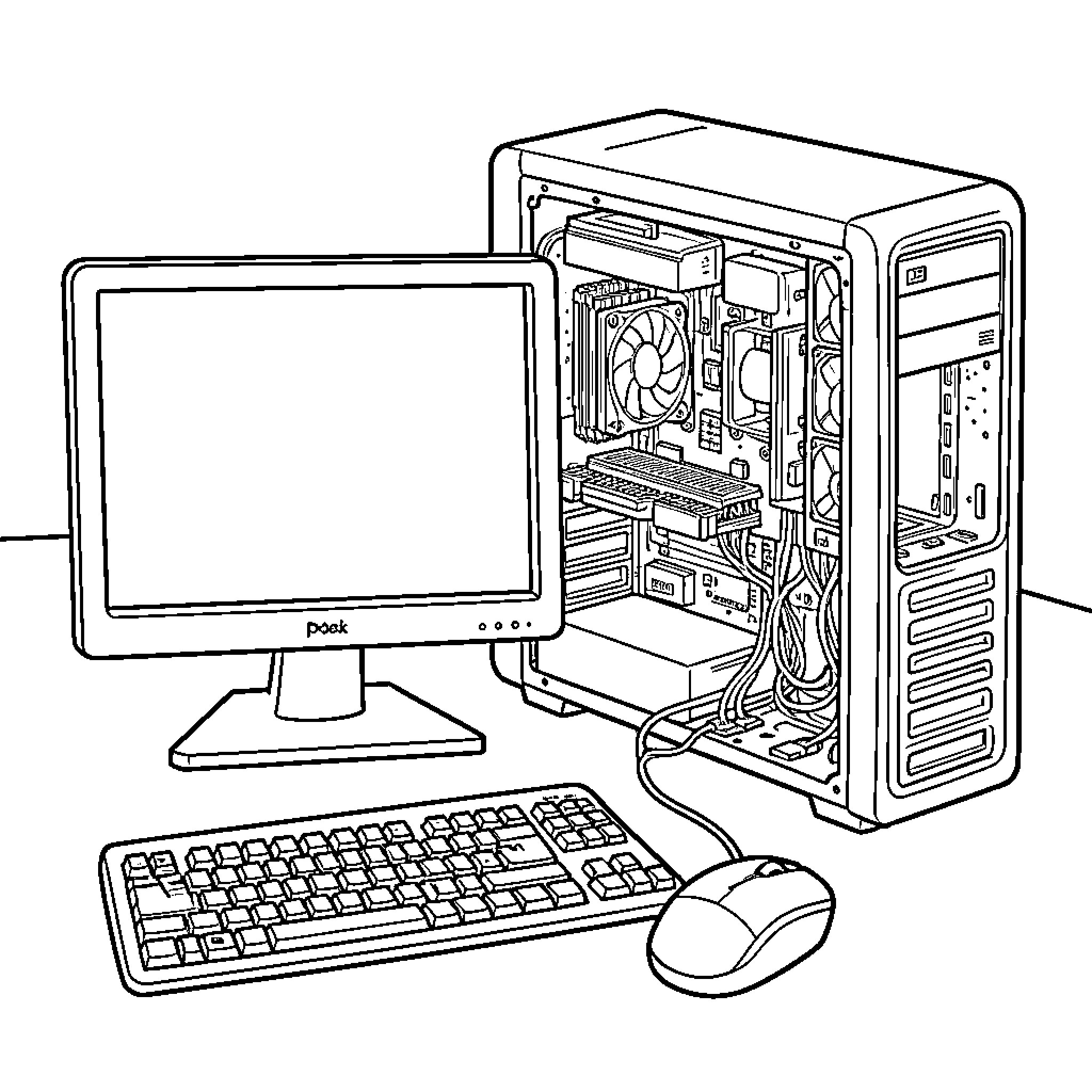 Computer setup showing open internal hardware components Coloring Page (free black-and-white line drawing printable PDF for all, from beginners to advanced learners, including children, teens, adults, and seniors)