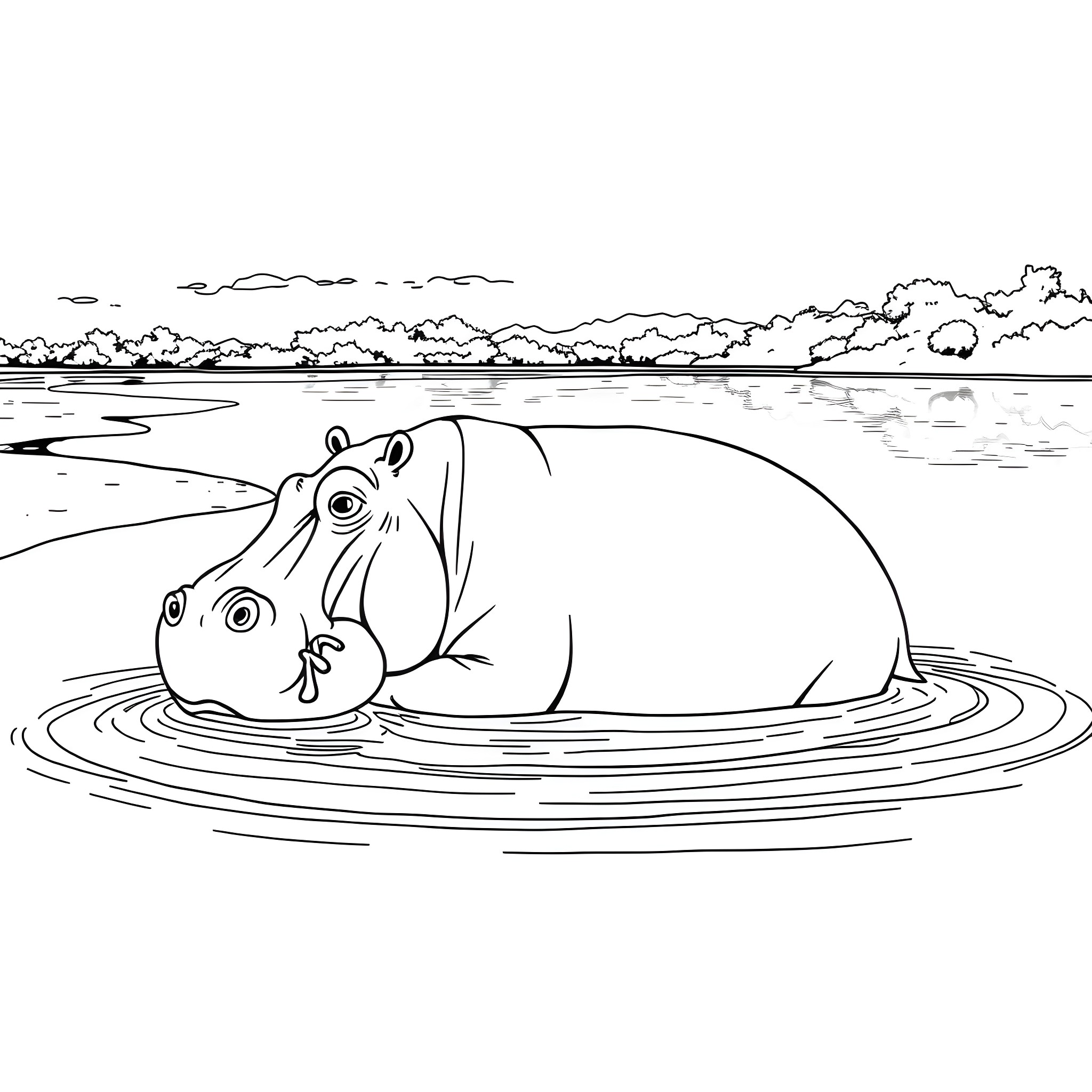 Hippopotamus relaxing in the lake Coloring Page (free black-and-white line drawing printable PDF for all, from beginners to advanced learners, including children, teens, adults, and seniors)