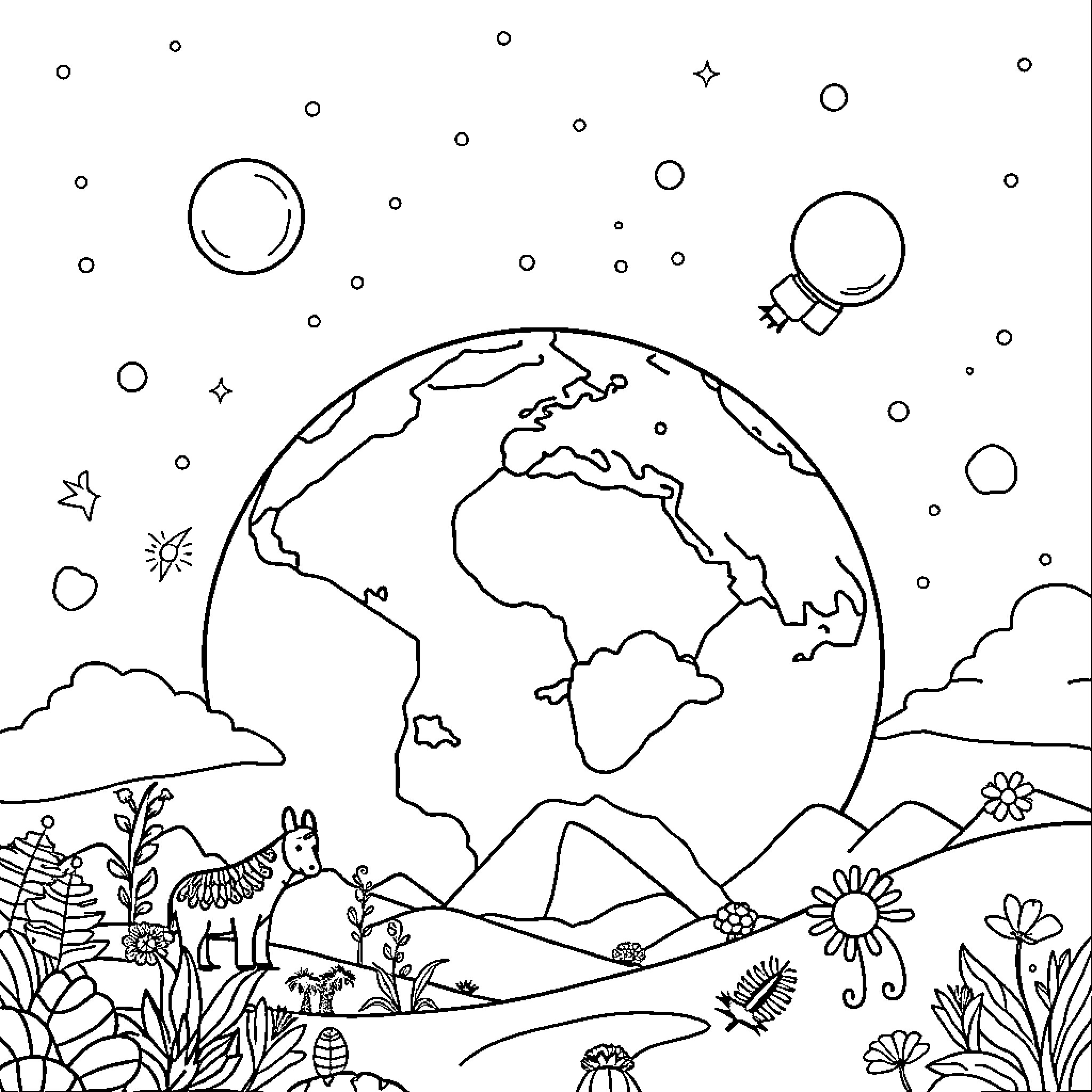 Genesis of a vibrant earth and celestial landscape Coloring Page (free black-and-white line drawing printable PDF for all, from beginners to advanced learners, including children, teens, adults, and seniors)