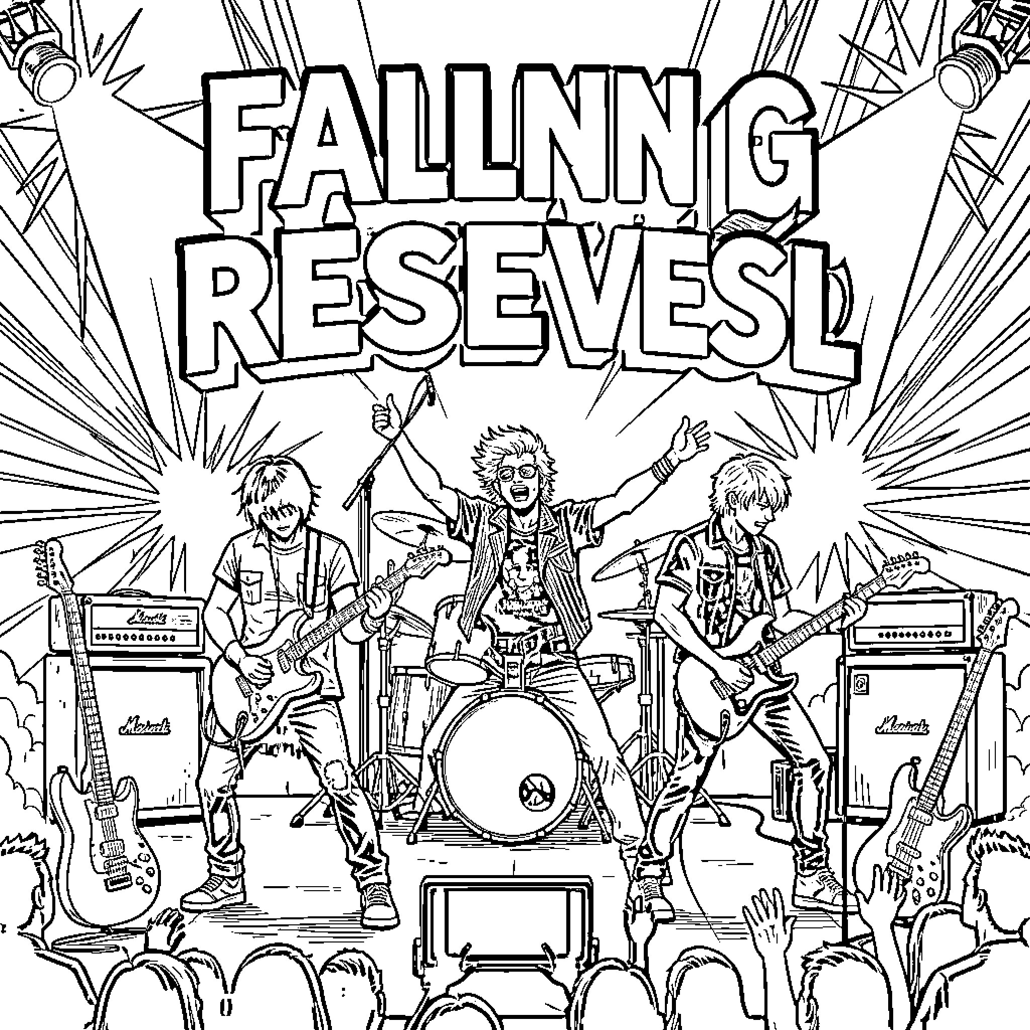 Falling in Reverse band performing energetically on stage Coloring Page (free black-and-white line drawing printable PDF for all, from beginners to advanced learners, including children, teens, adults, and seniors)