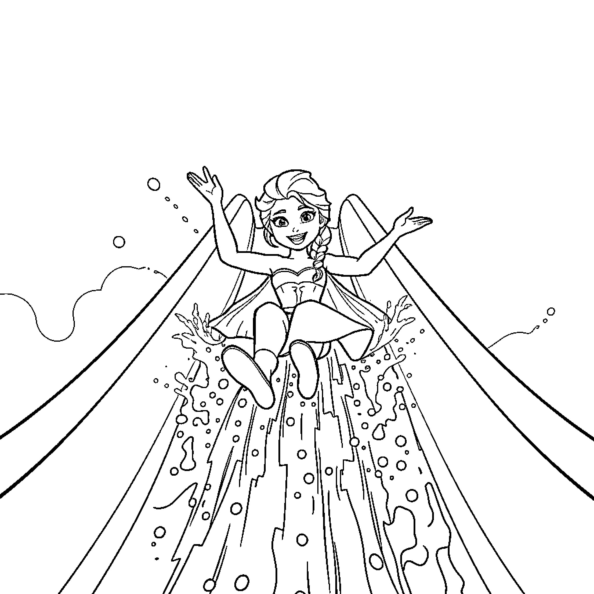 Elsa sliding down a magical ice slide Coloring Page (free black-and-white line drawing printable PDF for all, from beginners to advanced learners, including children, teens, adults, and seniors)