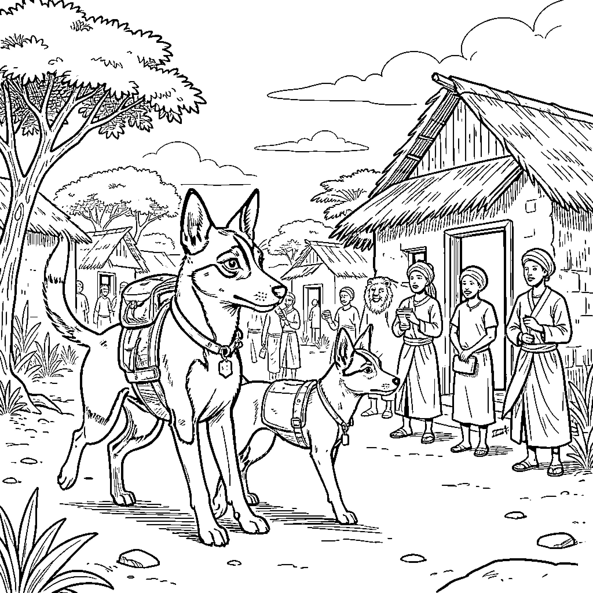 Basenji dogs wearing backpacks walking through a village Coloring Page (free black-and-white line drawing printable PDF for all, from beginners to advanced learners, including children, teens, adults, and seniors)