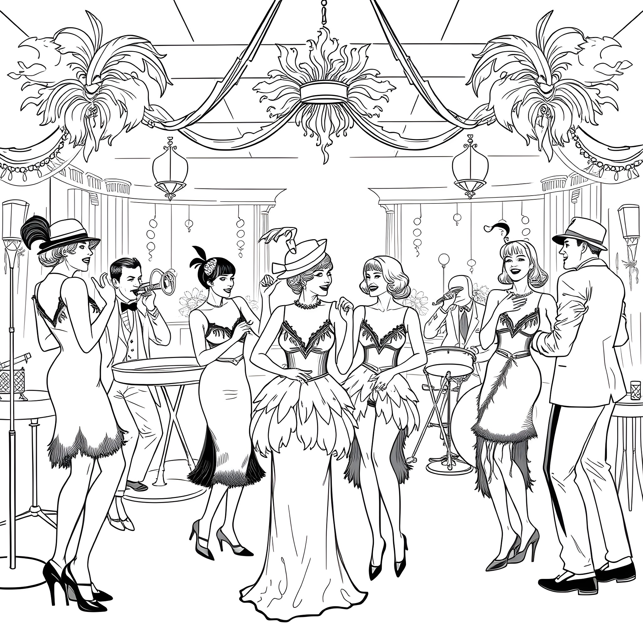 Women in glamorous attire at a lively party Coloring Page (free black-and-white line drawing printable PDF for all, from beginners to advanced learners, including children, teens, adults, and seniors)