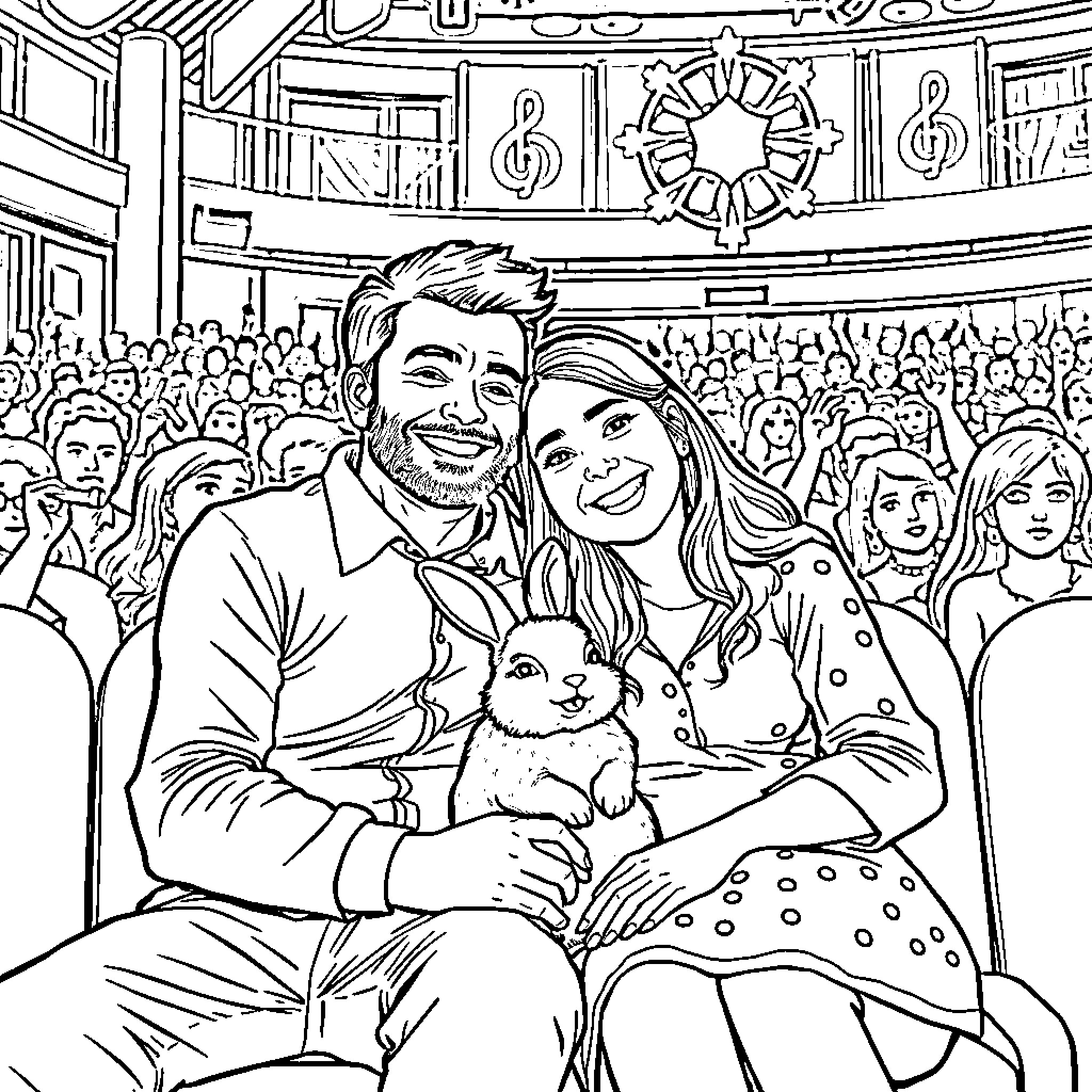 Bunny family enjoying a show together Coloring Page (free black-and-white line drawing printable PDF for all, from beginners to advanced learners, including children, teens, adults, and seniors)
