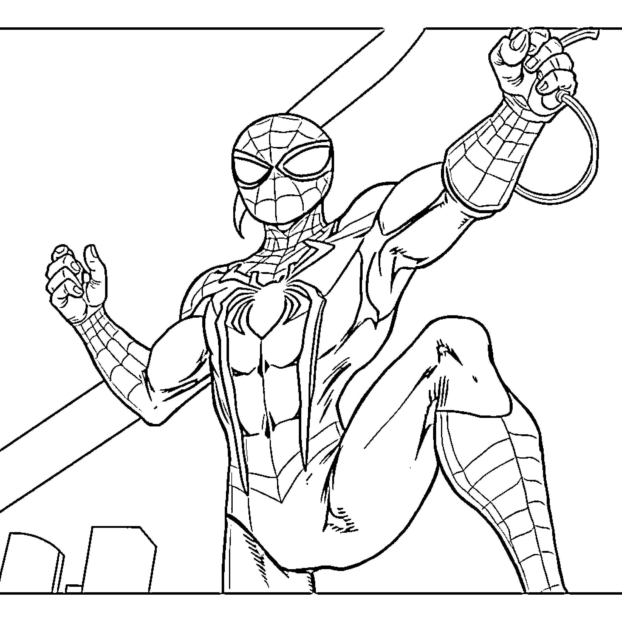 Spider-Man swinging through the city with heroic pose Coloring Page (free black-and-white line drawing printable PDF for all, from beginners to advanced learners, including children, teens, adults, and seniors)