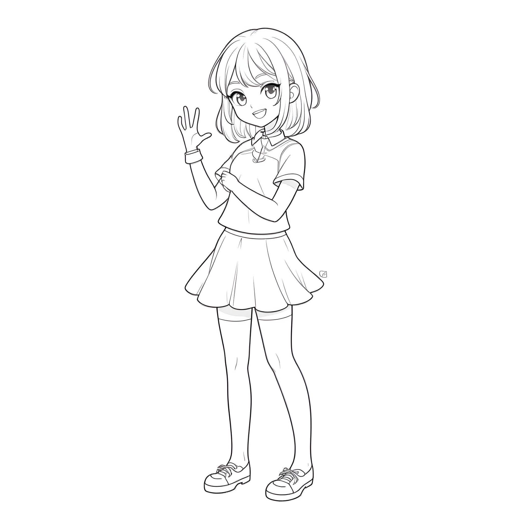 Anime Girl Waving Happily in Casual Outfit Coloring Page (free black-and-white line drawing printable PDF for all, from beginners to advanced learners, including children, teens, adults, and seniors)