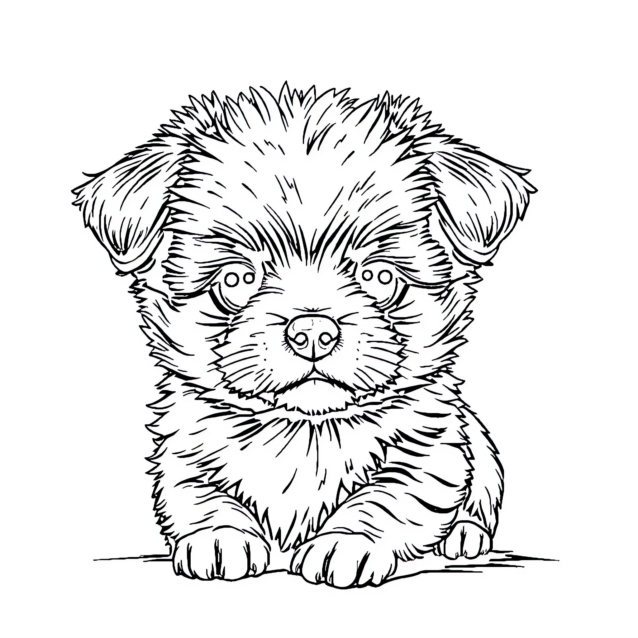 Cheweinee furry pup sitting and looking curious Coloring Page (free black-and-white line drawing printable PDF for all, from beginners to advanced learners, including children, teens, adults, and seniors)