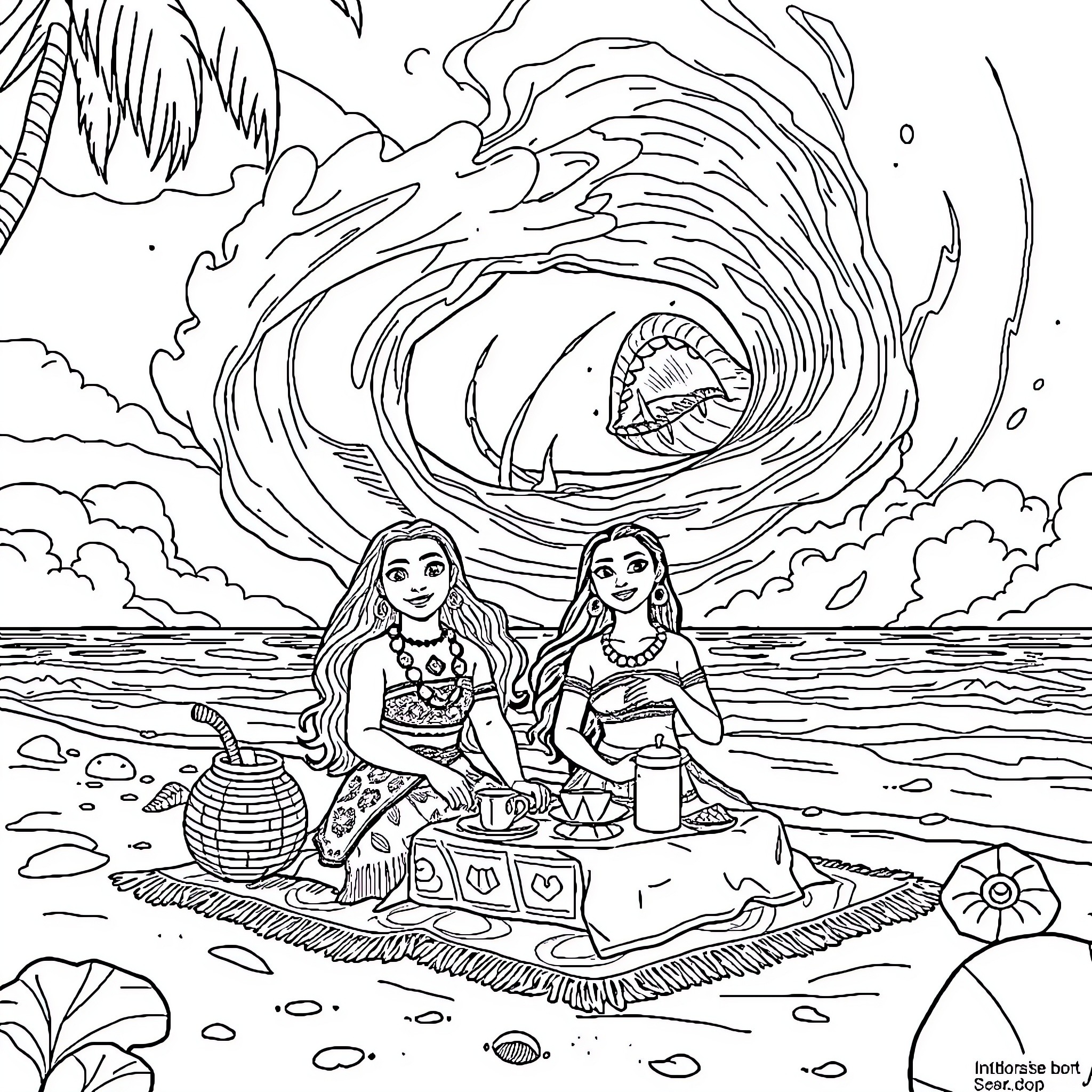 Moana and Vaiana enjoying a tropical beach adventure Coloring Page (free black-and-white line drawing printable PDF for all, from beginners to advanced learners, including children, teens, adults, and seniors)