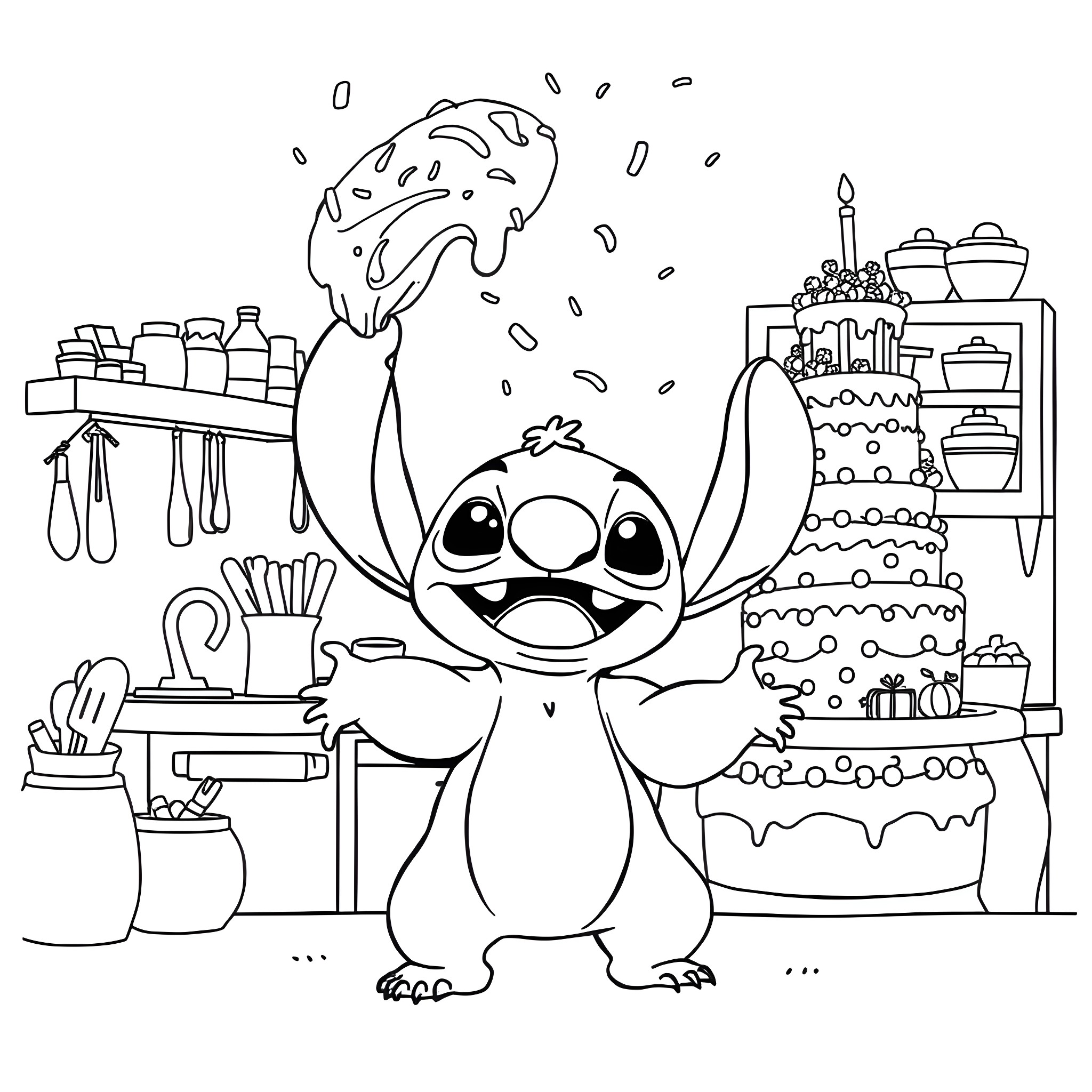 Stitch baking a colorful cake in a messy kitchen Coloring Page (free black-and-white line drawing printable PDF for all, from beginners to advanced learners, including children, teens, adults, and seniors)