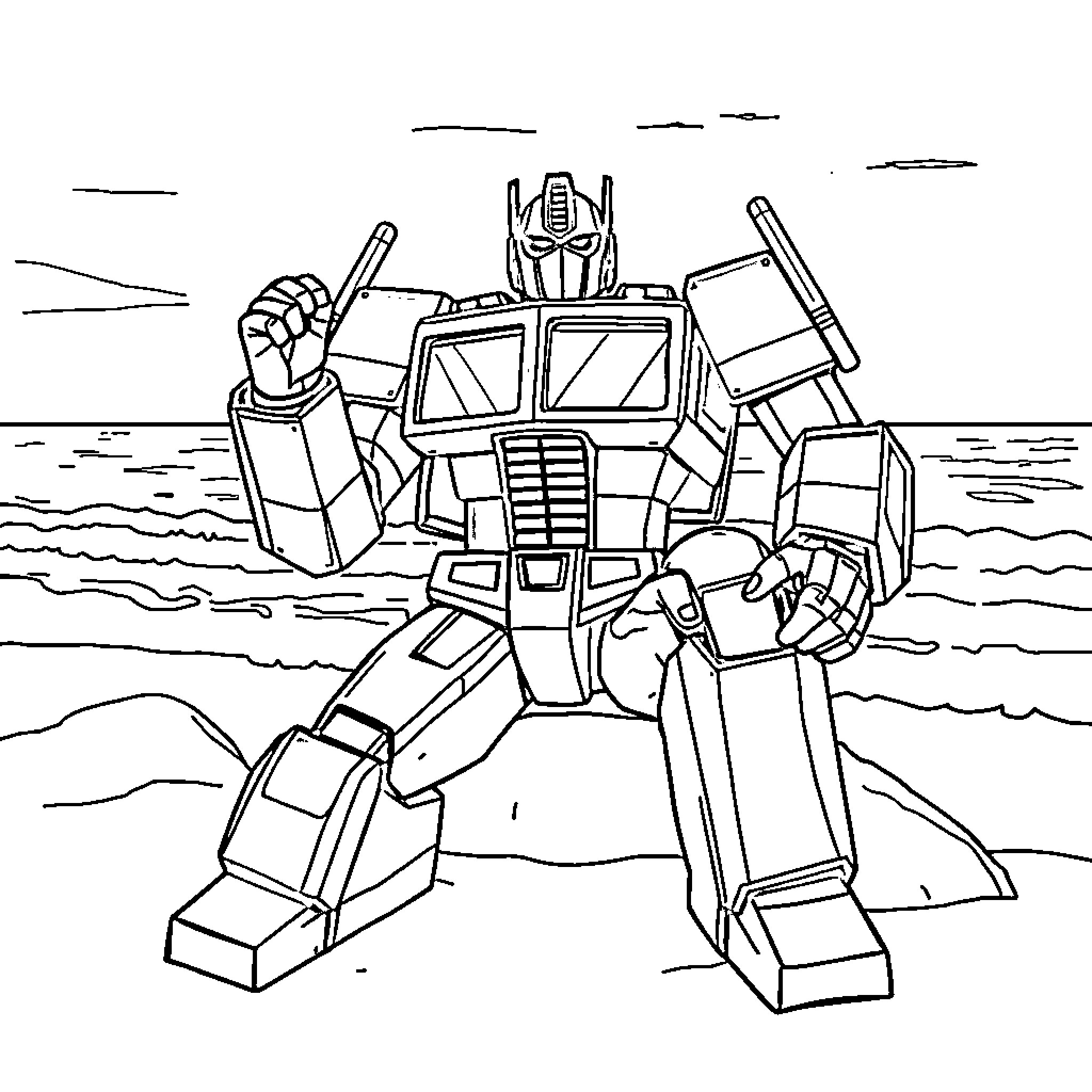 Optimus Prime standing tall and mighty in action Coloring Page (free black-and-white line drawing printable PDF for all, from beginners to advanced learners, including children, teens, adults, and seniors)